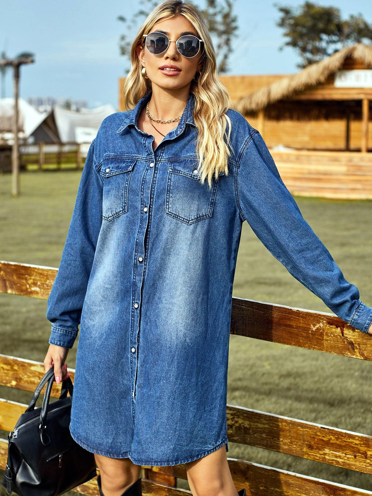 Women's Washed Denim Long Sleeve Dress, Adjustable Buckle Loose Jean Dress with Casual Pockets