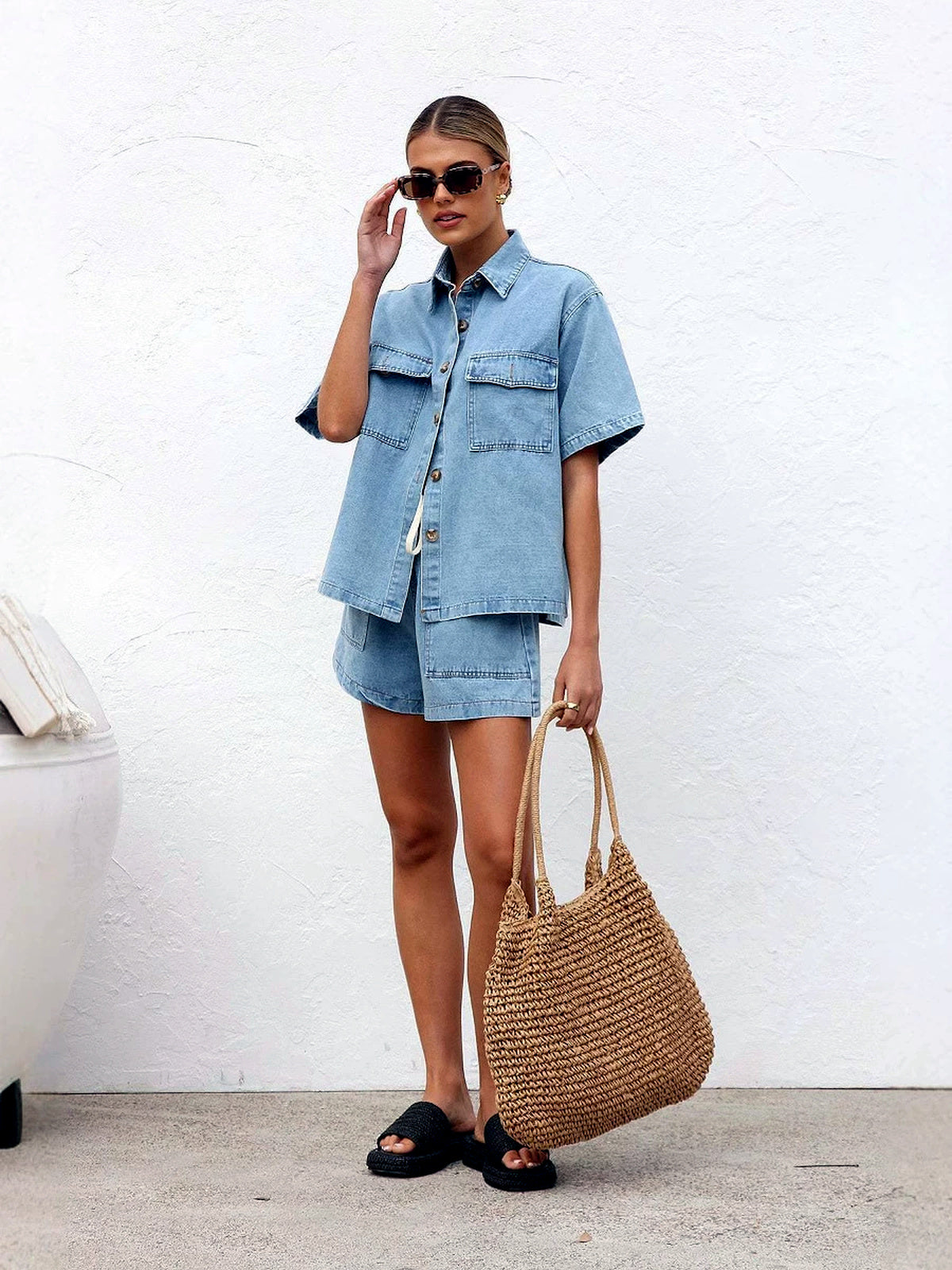 Women's Relaxed Short Sleeve Button-Up Shirt & Drawstring Shorts Two-Piece Set - product detail view 1