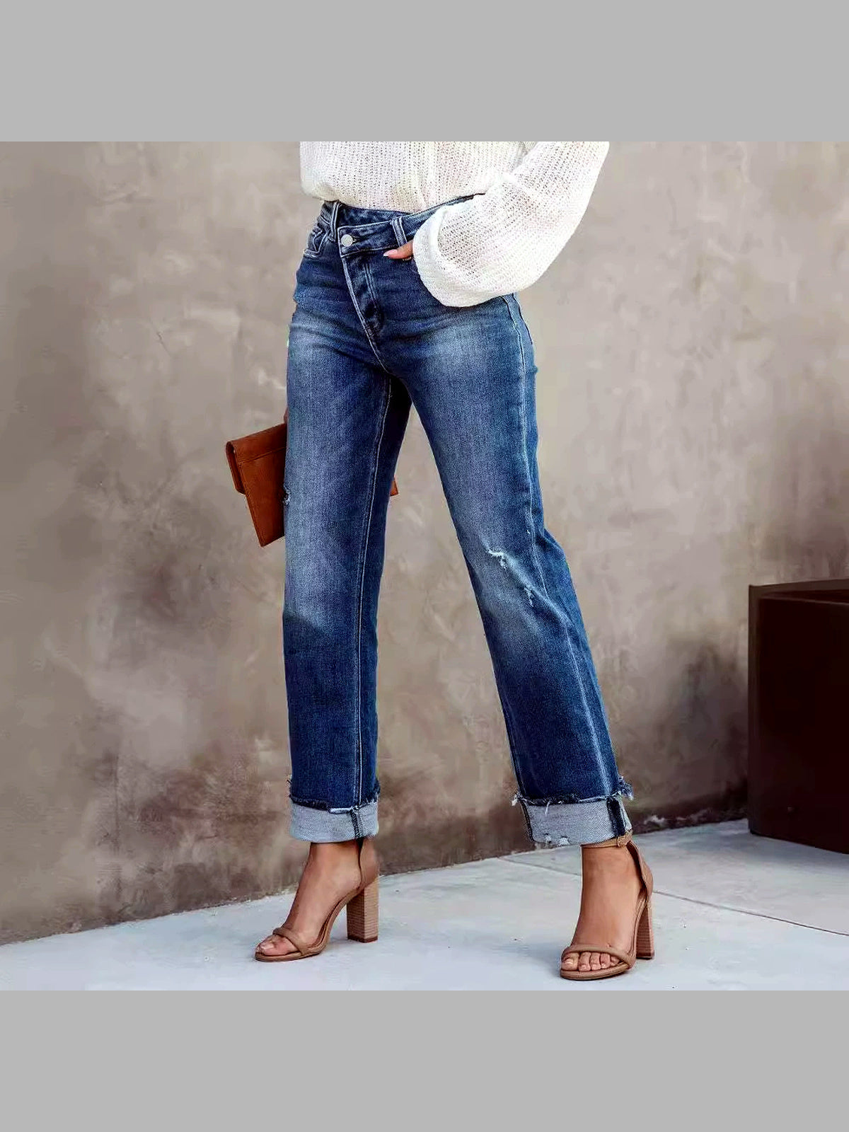 Women's Washed Straight Leg Jeans Mid Rise Loose Denim Pants - product detail view 4