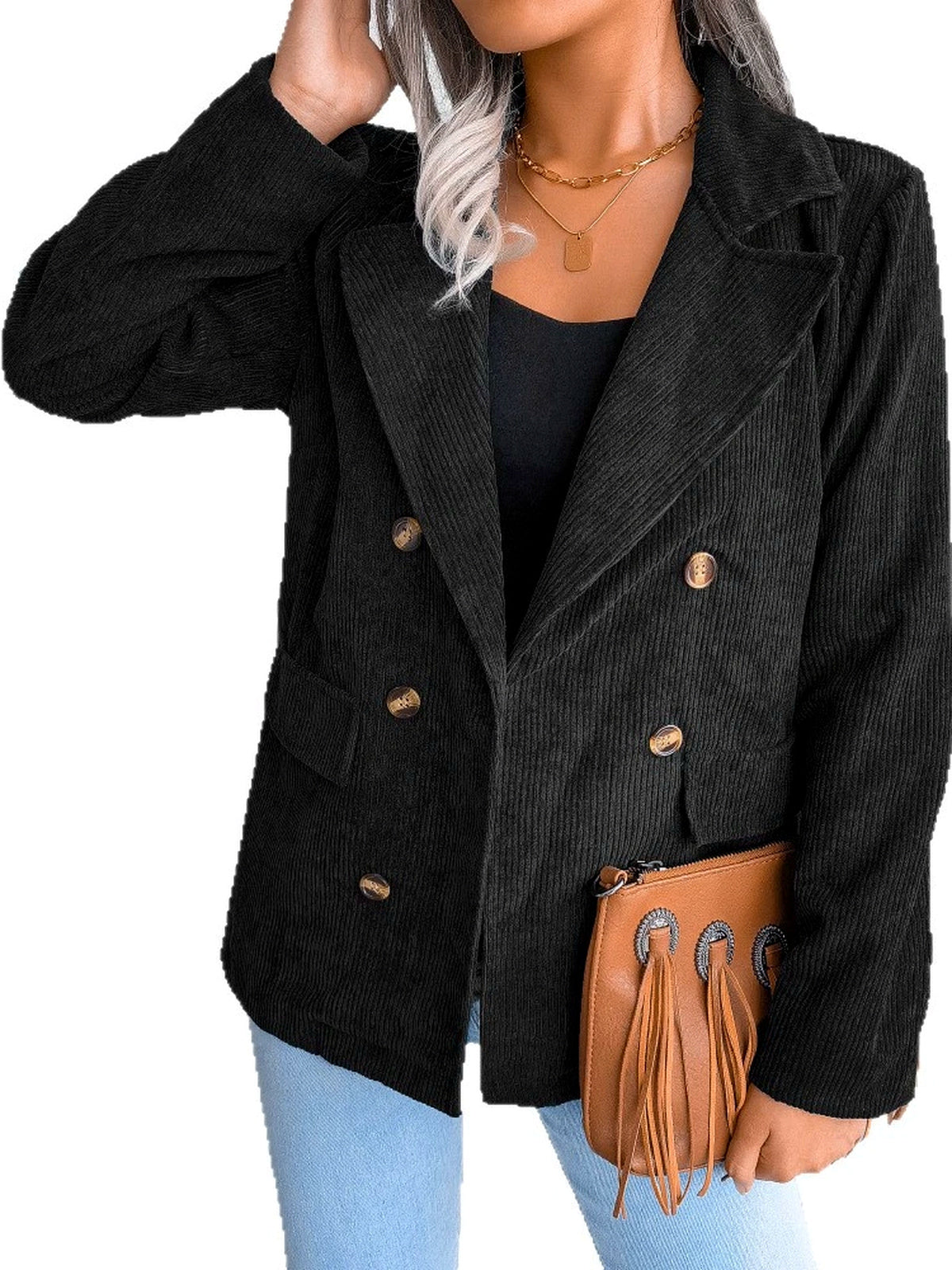 Women's Corduroy Plaid Slim-Fit Point-Collar Long-Sleeve Streetwear Blazer - product detail view 2