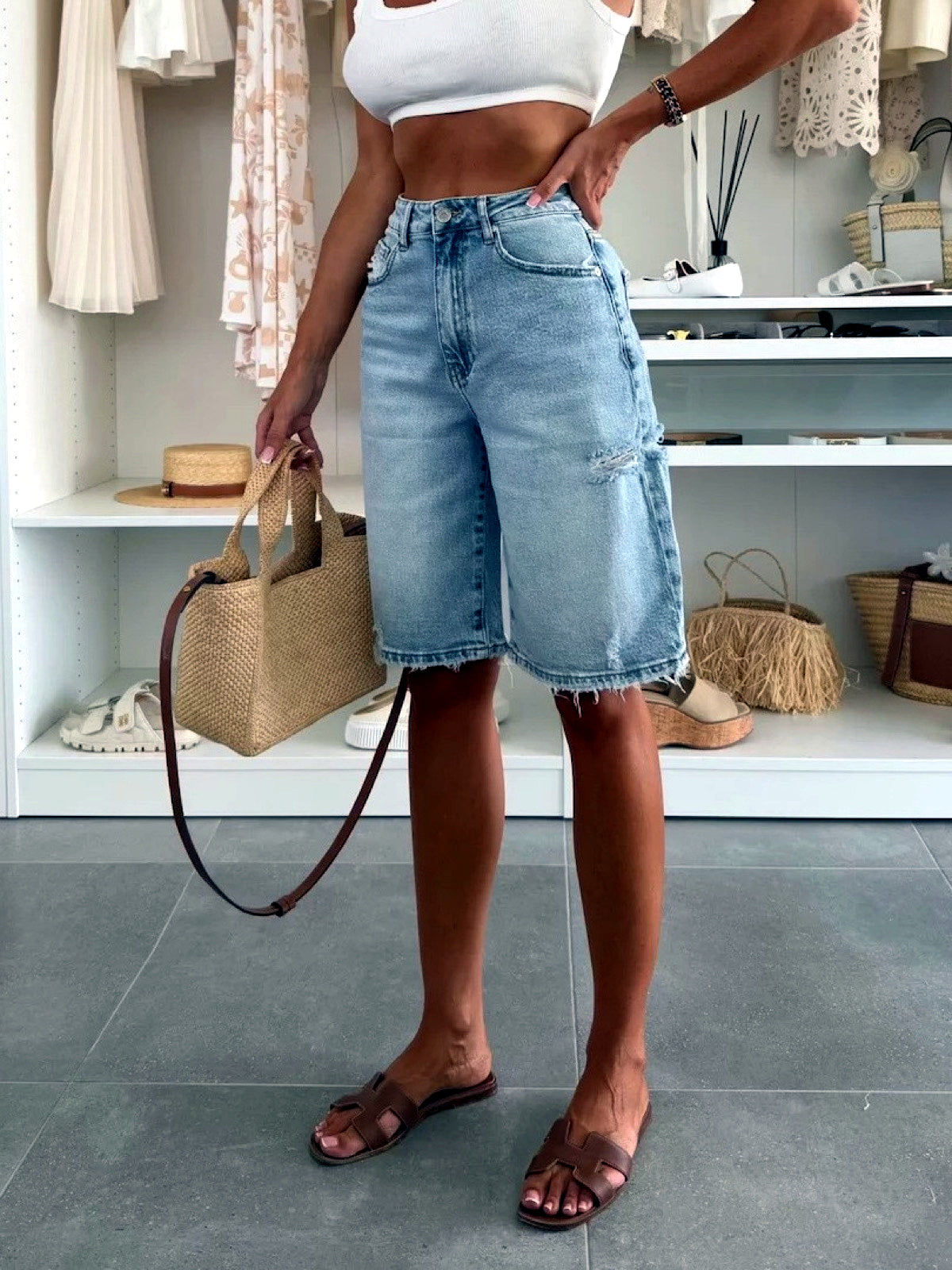 Women's High-Waist Distressed Denim Bermuda Shorts Raw Hem Relaxed Knee-Length Jeans - product detail view 4