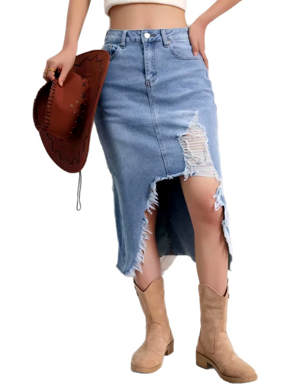 Women's Denim Distressed Stretch Asymmetric Slit Midi Skirt - product detail view 4