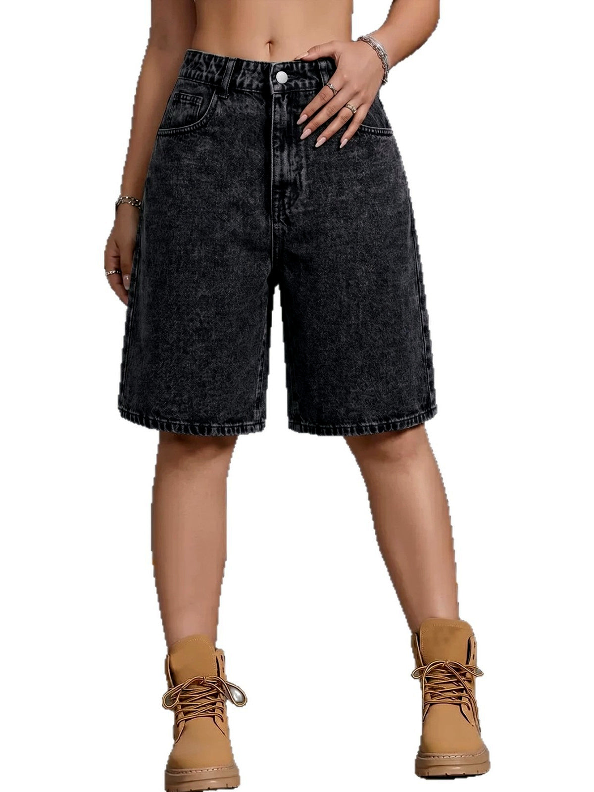 Women's Washed Denim Solid-Color Distressed Relaxed-Fit High-Waist Shorts - product detail view 3