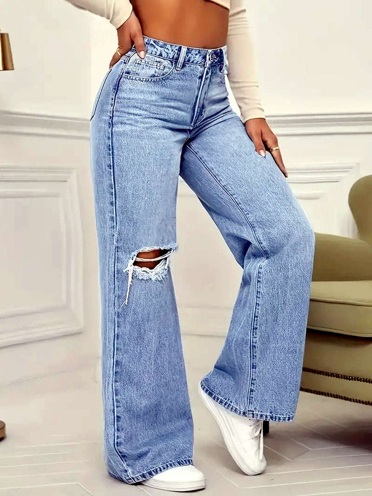 Women's Denim Printed Distressed High-Waist Wide-Leg Straight-Leg Jeans - product detail view 2