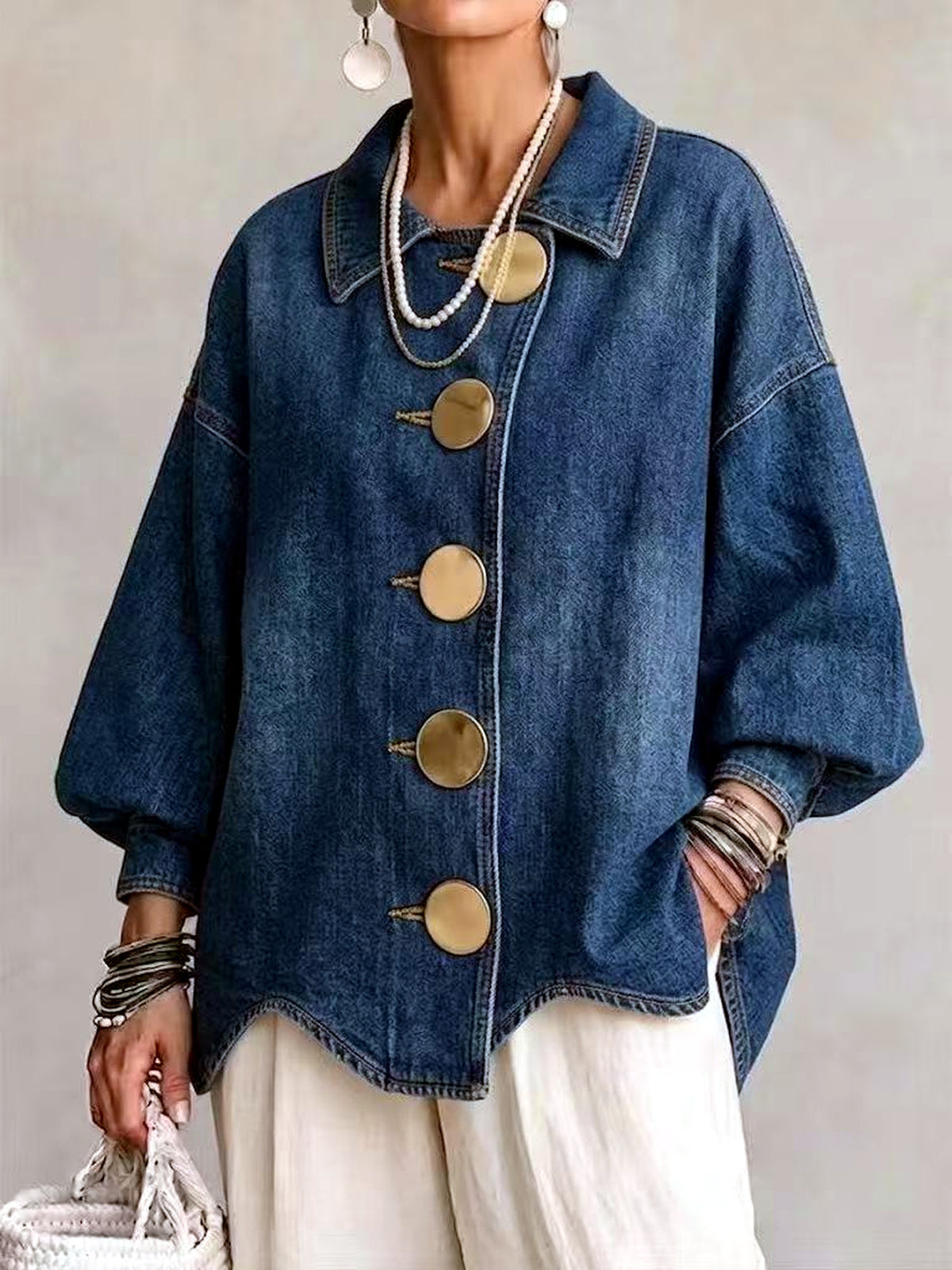 Women's Denim Point-Collar Button-Front Washed Jacket in Dark Blue - product view