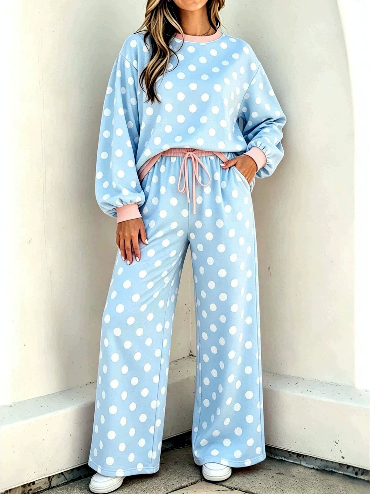 Women's Printed Relaxed-Fit High-Waist Top & Pants Set in Light Blue - product view