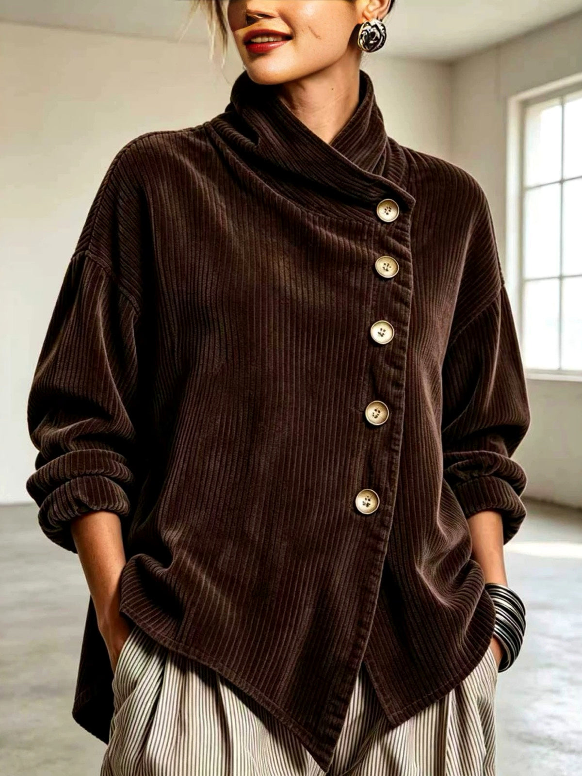 Women's Corduroy Relaxed-Fit Asymmetric Jacket in Brown - product view