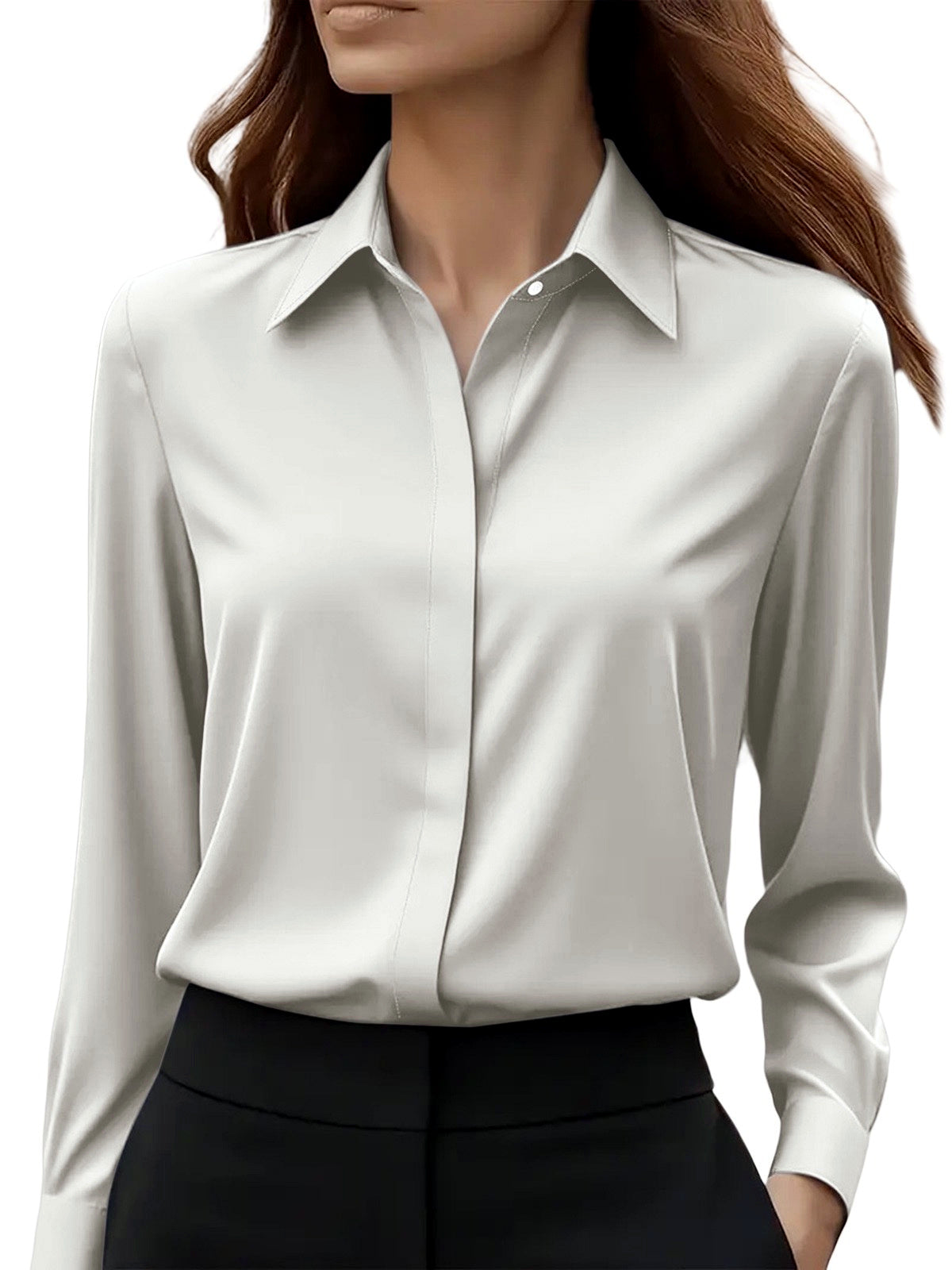 Women's Solid-Color Point-Collar Patchwork Button-Front Shirt in Gray - product view