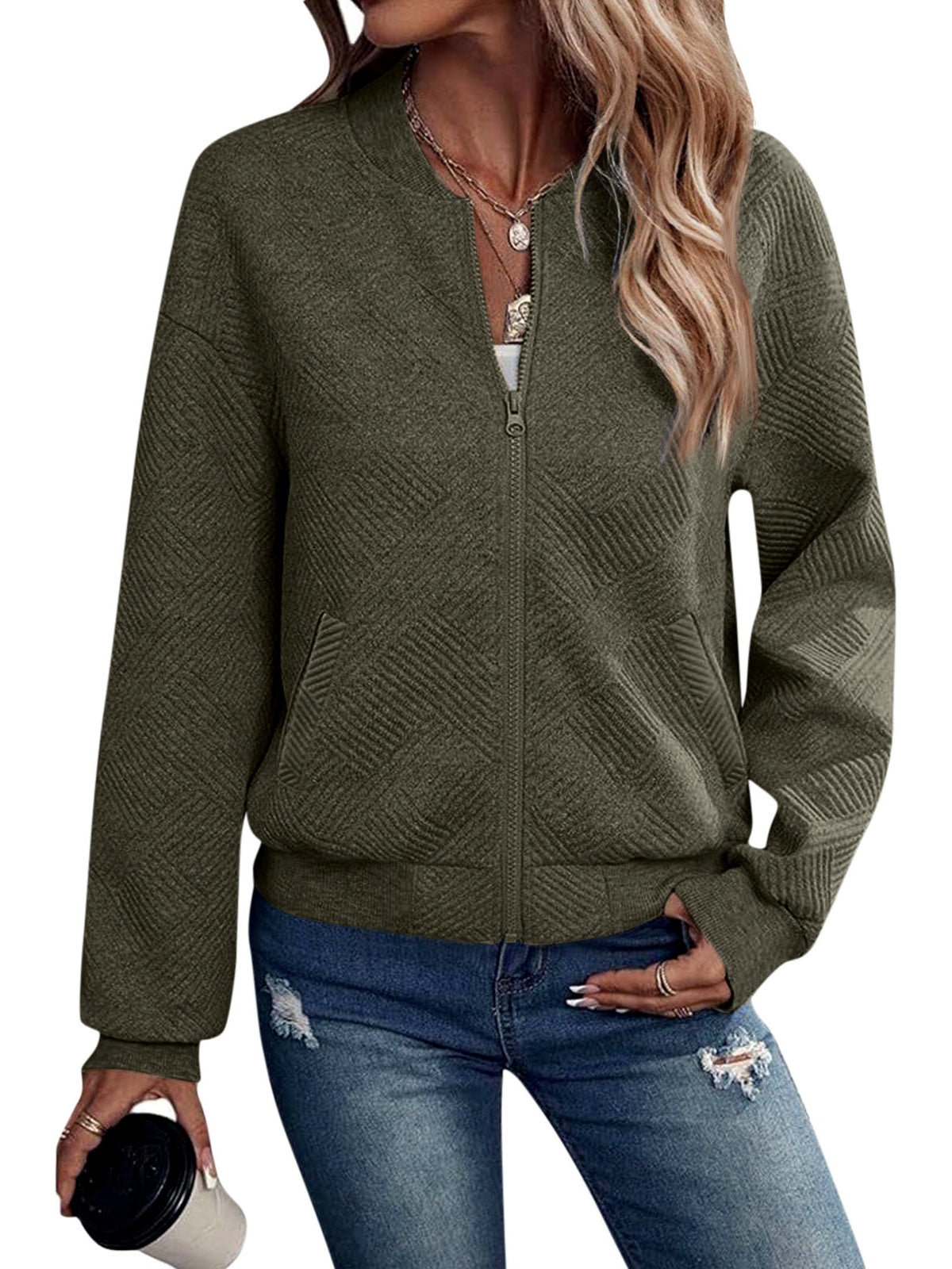 Women's Solid-Color Zip-Front Long-Sleeve Jacket in Army Green - product view