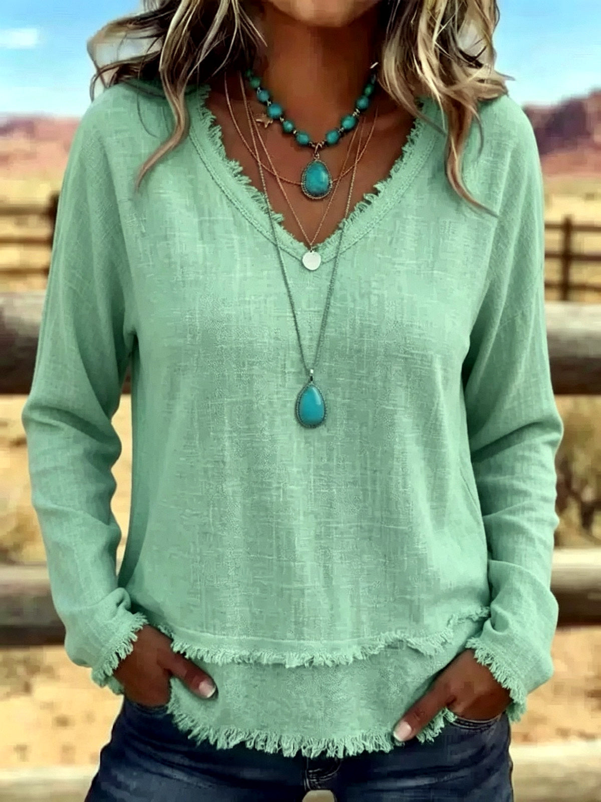 Women's Solid-Color V-Neck Relaxed-Fit Long-Sleeve T-Shirt in Green - product view