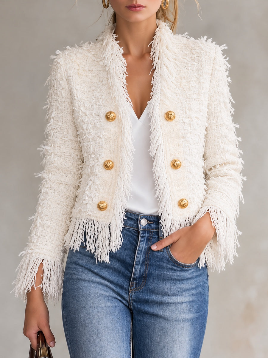 Tweed-Texture Fringe-Trim Cropped Blazer