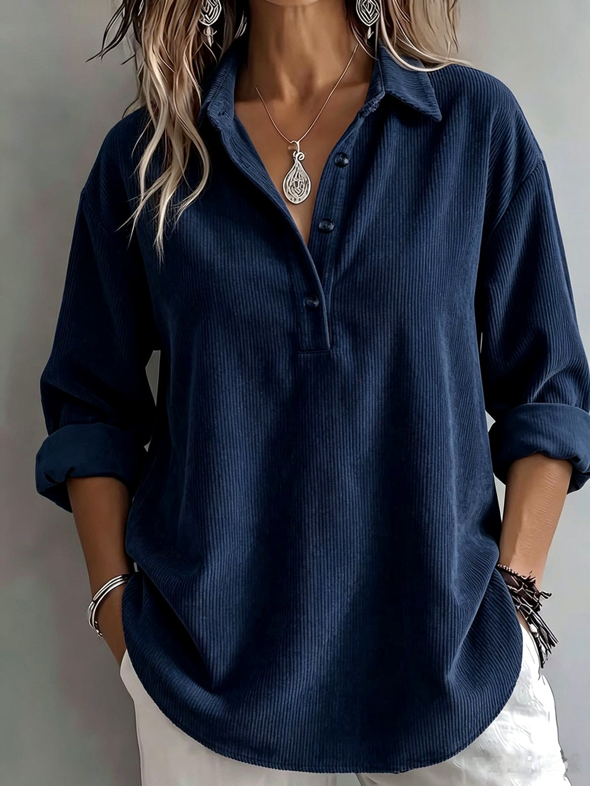 Women's Corduroy Solid-Color Stretch Relaxed-Fit Point-Collar Long-Sleeve Shirt in Navy - product view