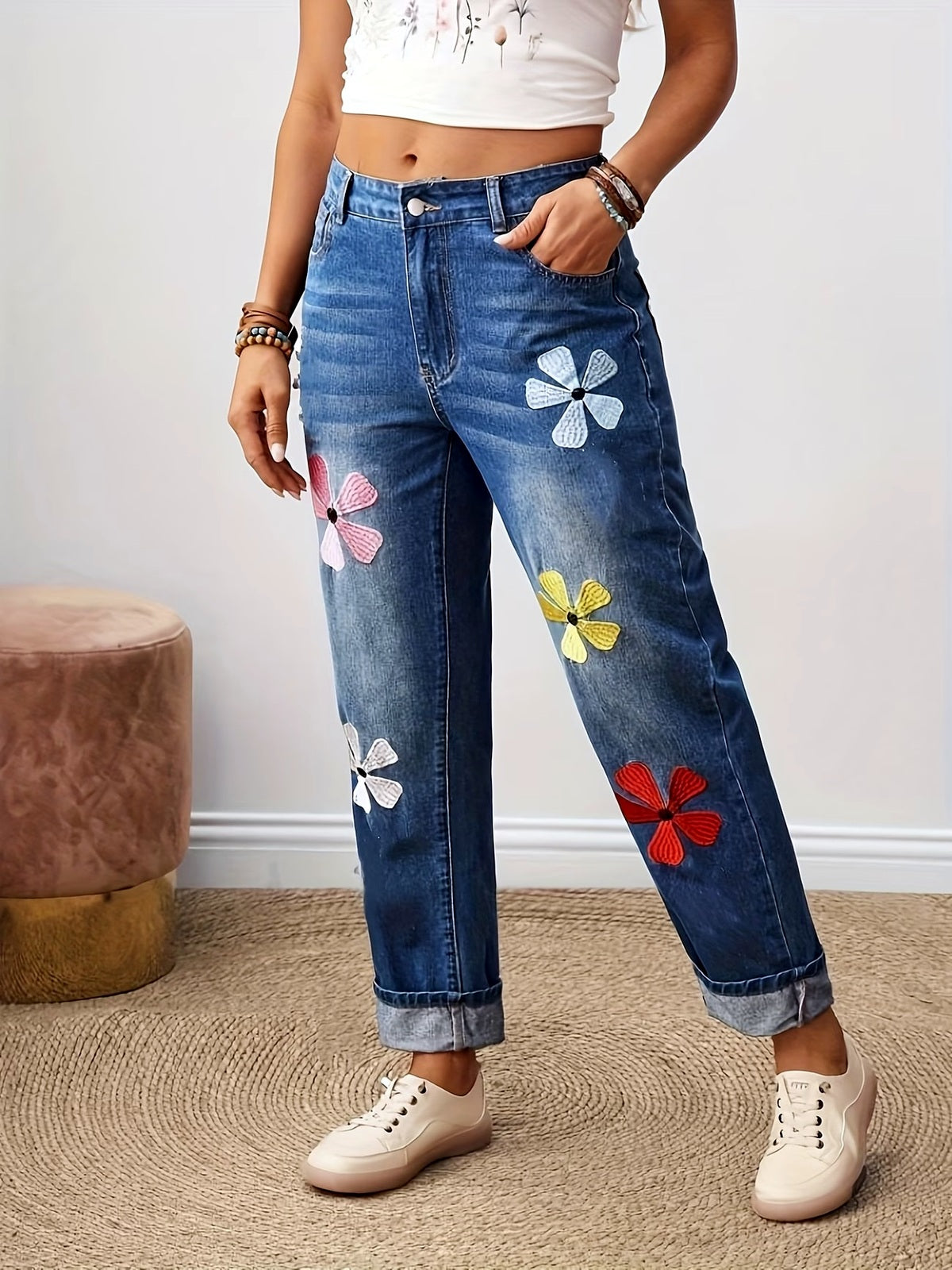Women's Embroidered Straight Jeans, High Waist Stretch Denim Pants with Rolled Cropped Hem