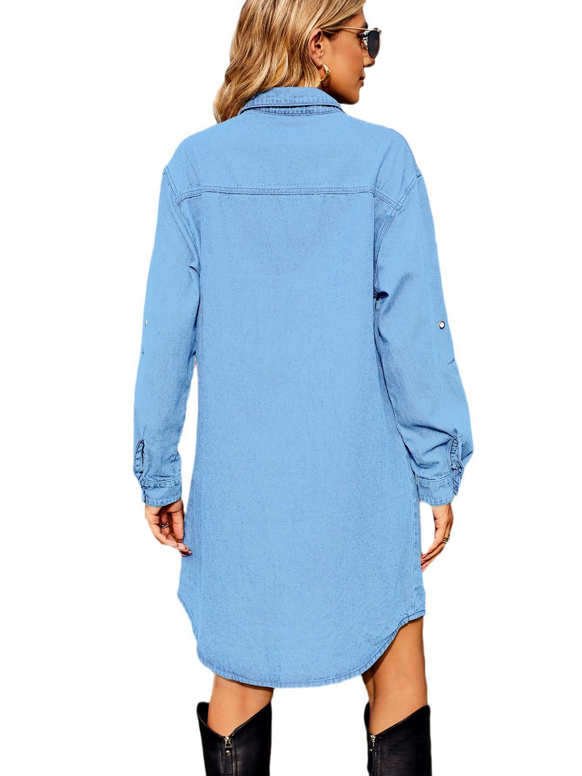Women's Washed Denim Long Sleeve Dress, Adjustable Buckle Loose Jean Dress with Casual Pockets