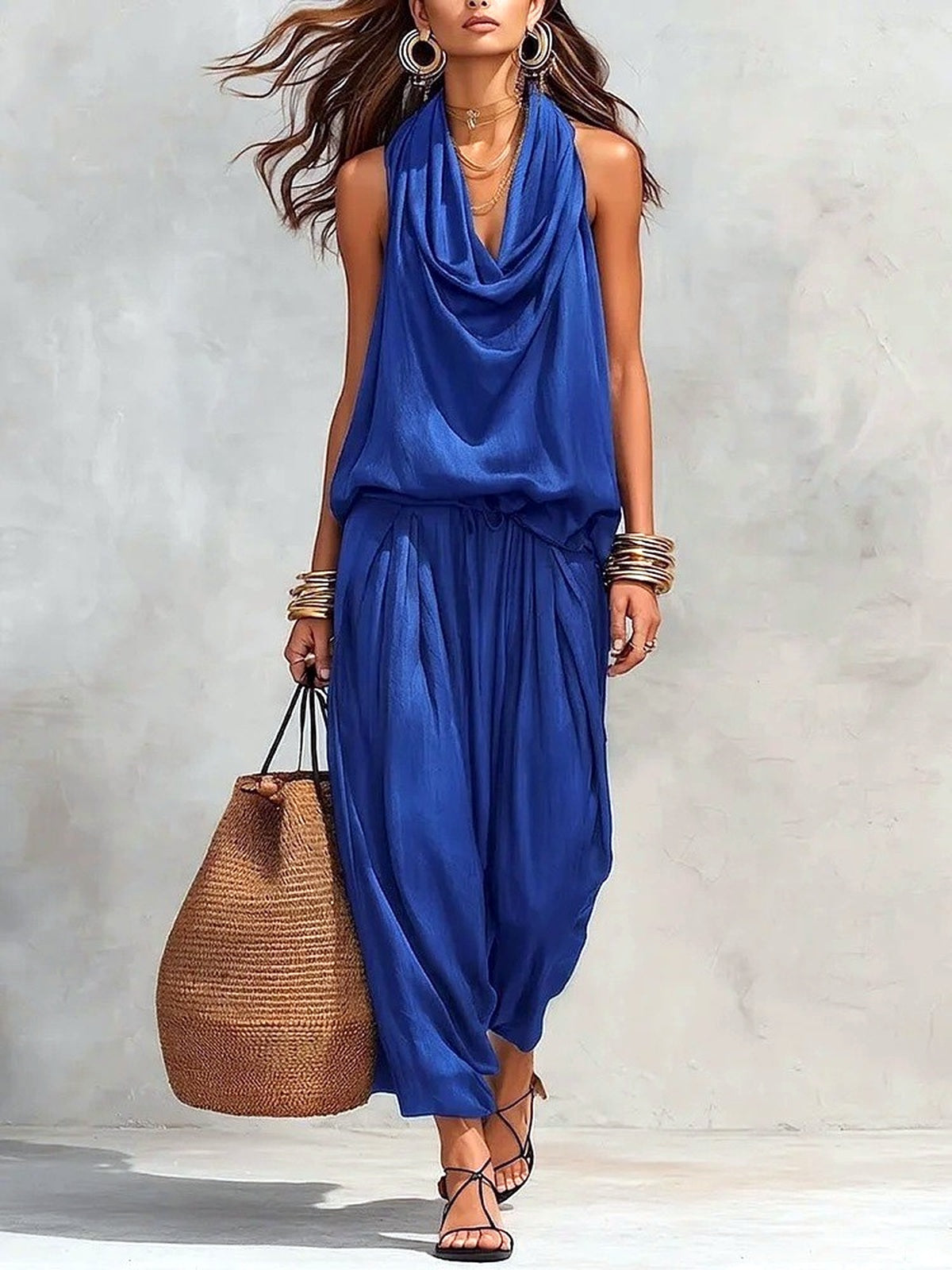 Women's Pleated Neck Two Piece Set, Sleeveless Top and Relaxed Pants Outfit