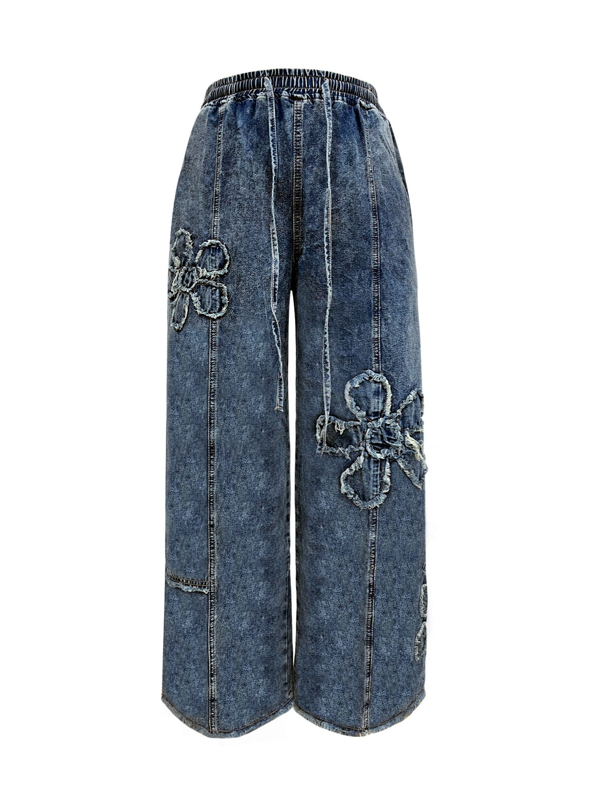 Women's High Waist Embroidered Wide Leg Jeans, Floor Length Streetwear Denim Pants
