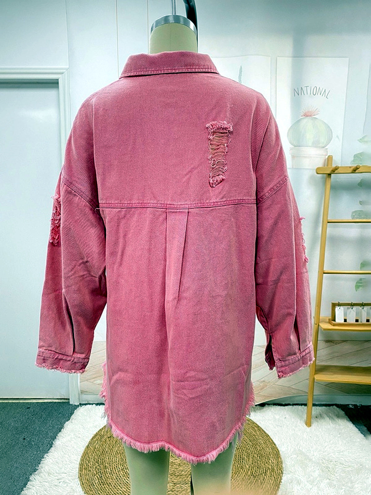 Women's Long Sleeve Open Front Blazer Cardigan Solid Color Casual Denim Raw-Hem Point-Collar Jacket - product detail view 2