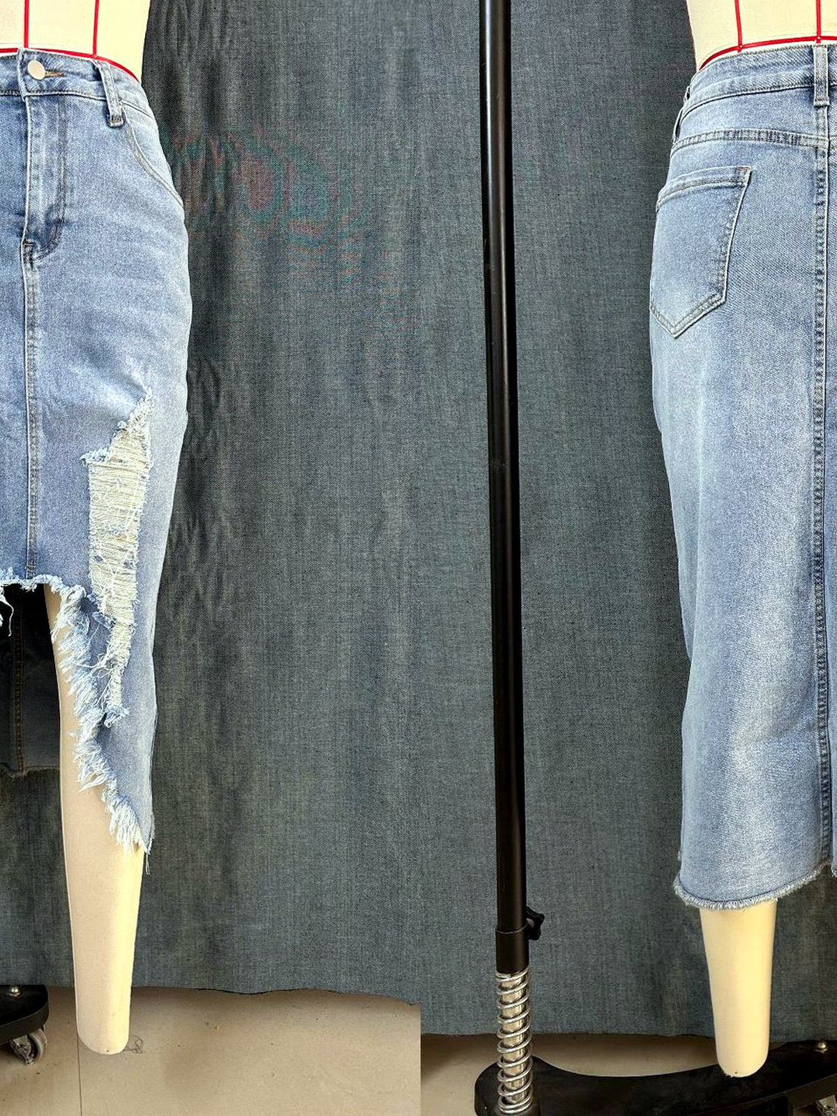 Women's Denim Distressed Stretch Asymmetric Slit Midi Skirt - product detail view 5
