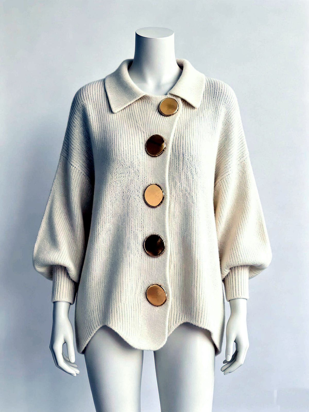 Knit Point-Collar Relaxed-Fit Cardigan in Beige - product view