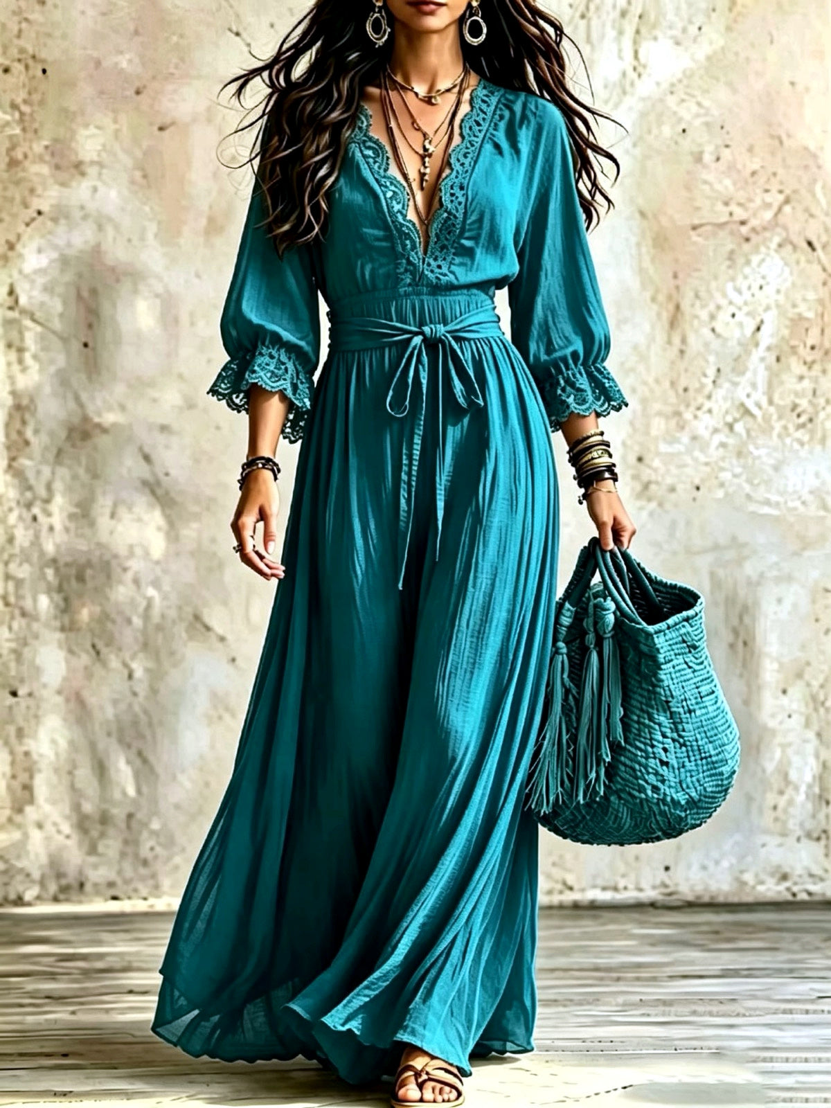 Women's V-Neck Lace-Trim Belted Flared Apparel in Peacock Green - product view