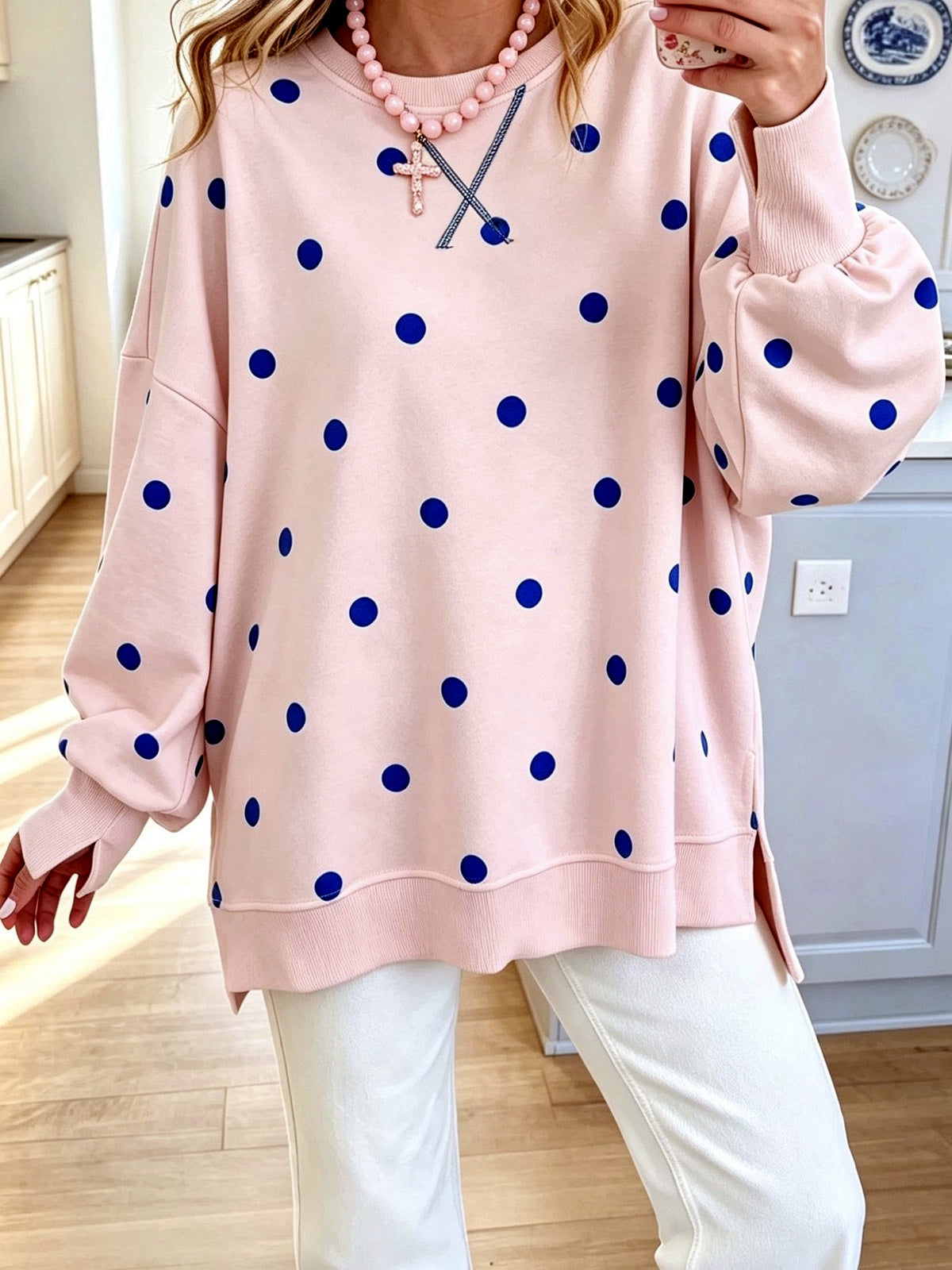 Women's Colorblock Printed Pullover Relaxed-Fit Long-Sleeve Top in Red - product view