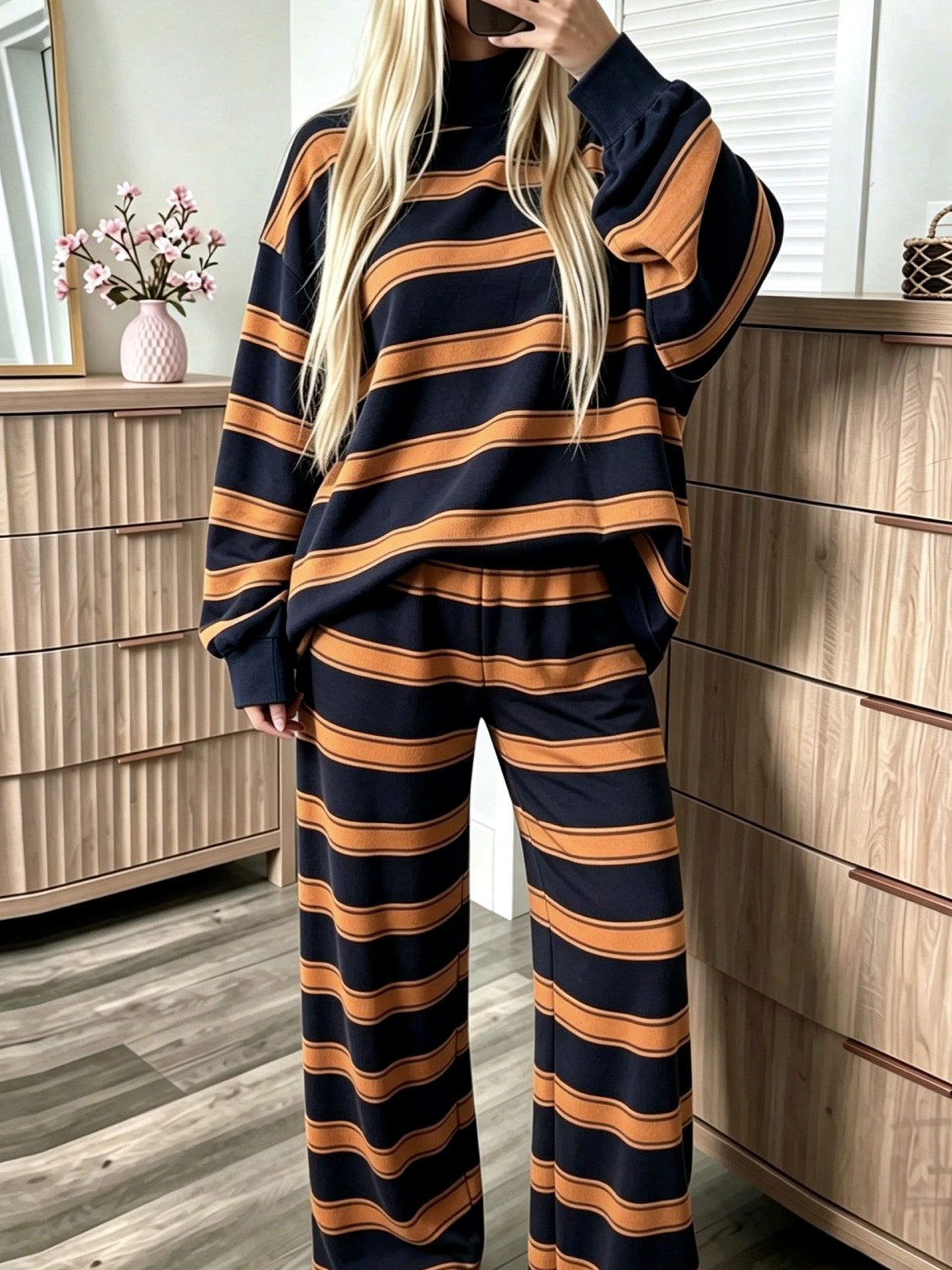 Women's Striped Printed Two-Piece Set in Orange - product view