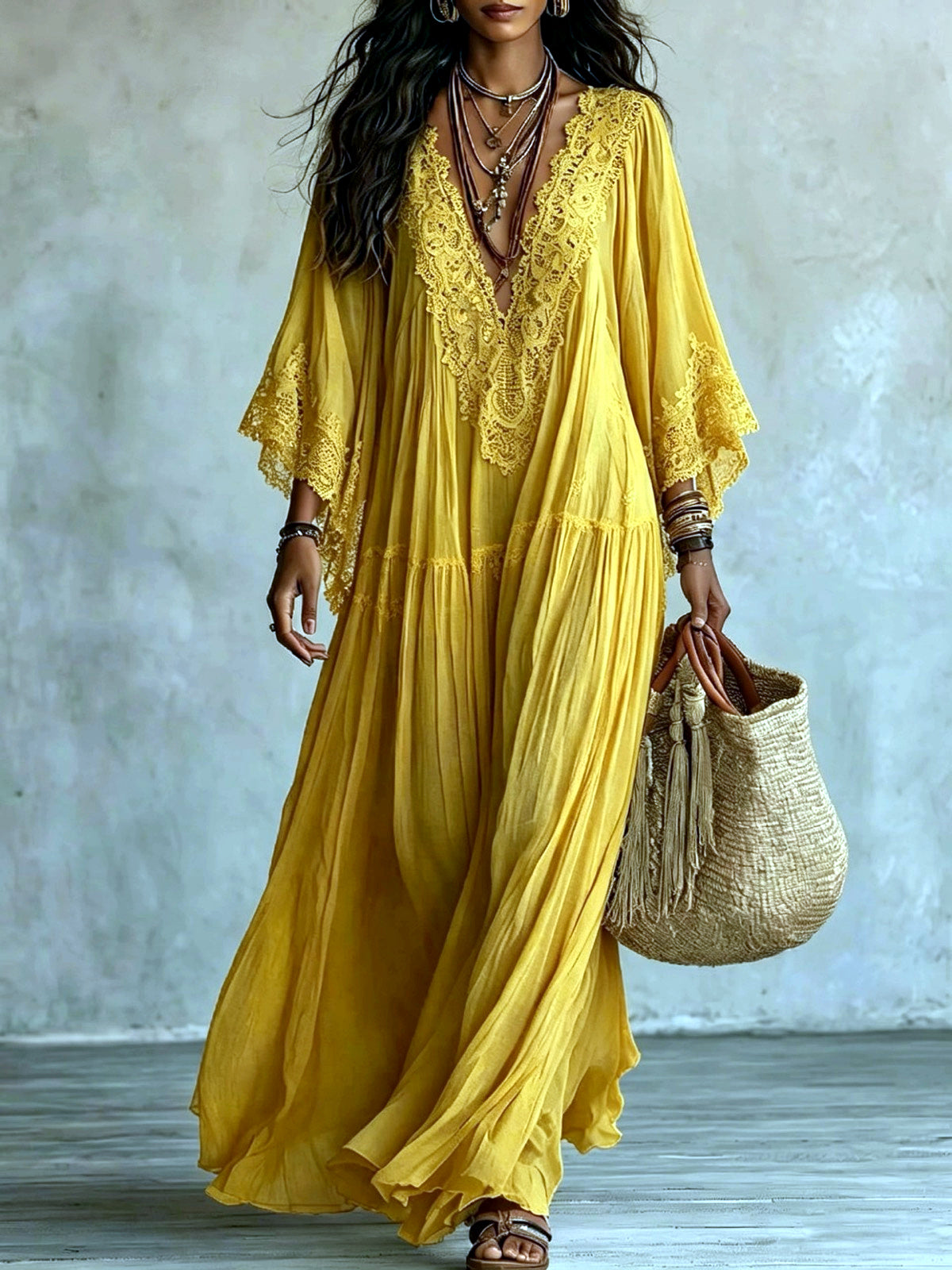 Women's Lace-Trim Patchwork Batwing-Sleeve Longline Dress in Yellow - product view