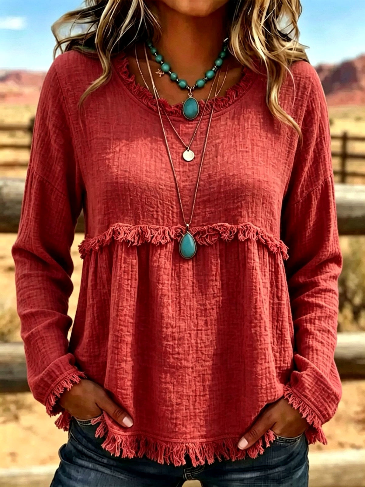 Crew-Neck Long-Sleeve Vintage-Inspired Shirt in Red - product view