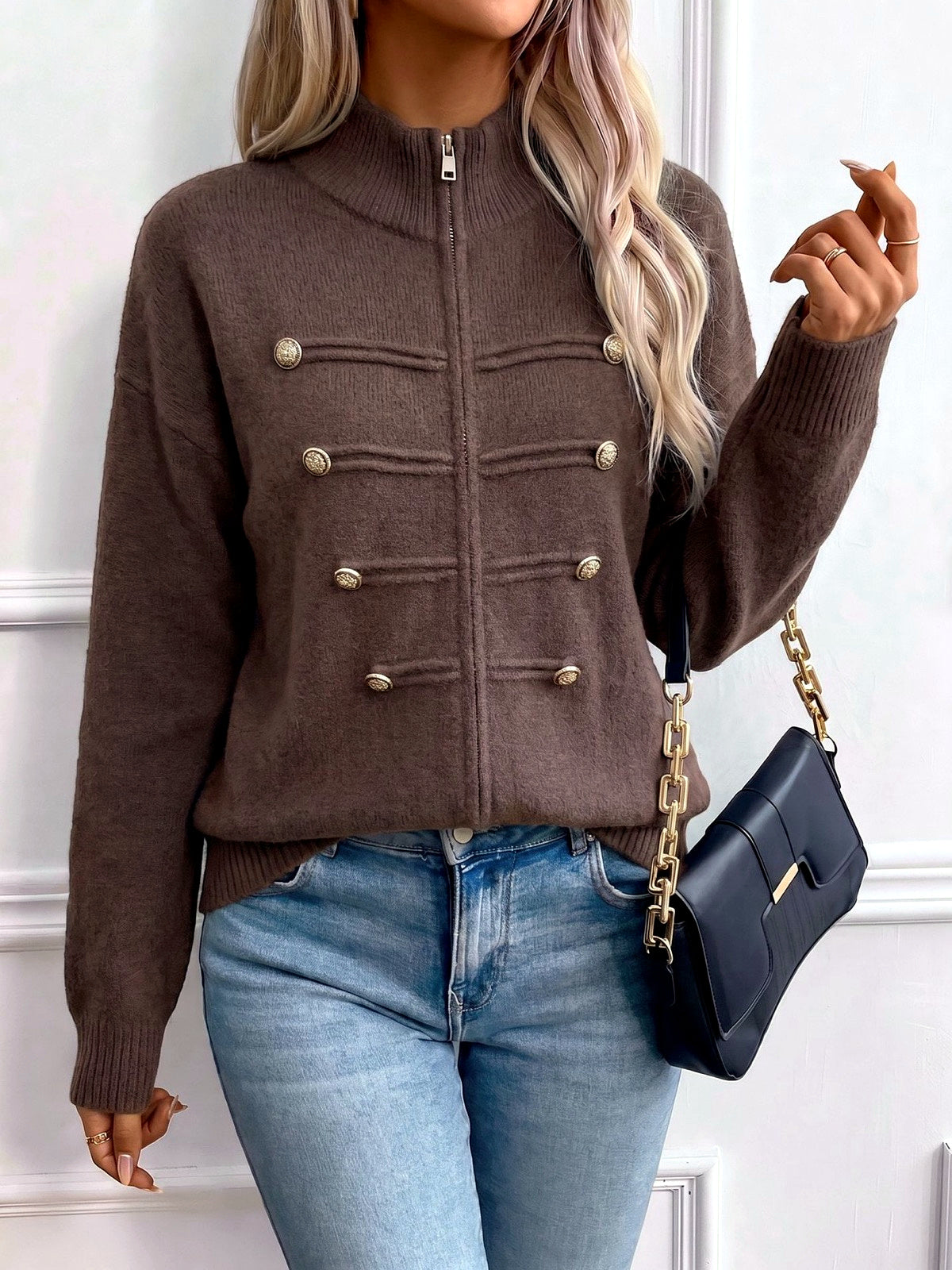Women's Knit Stand-Collar Zip-Front Cardigan in Coffee Brown - product view