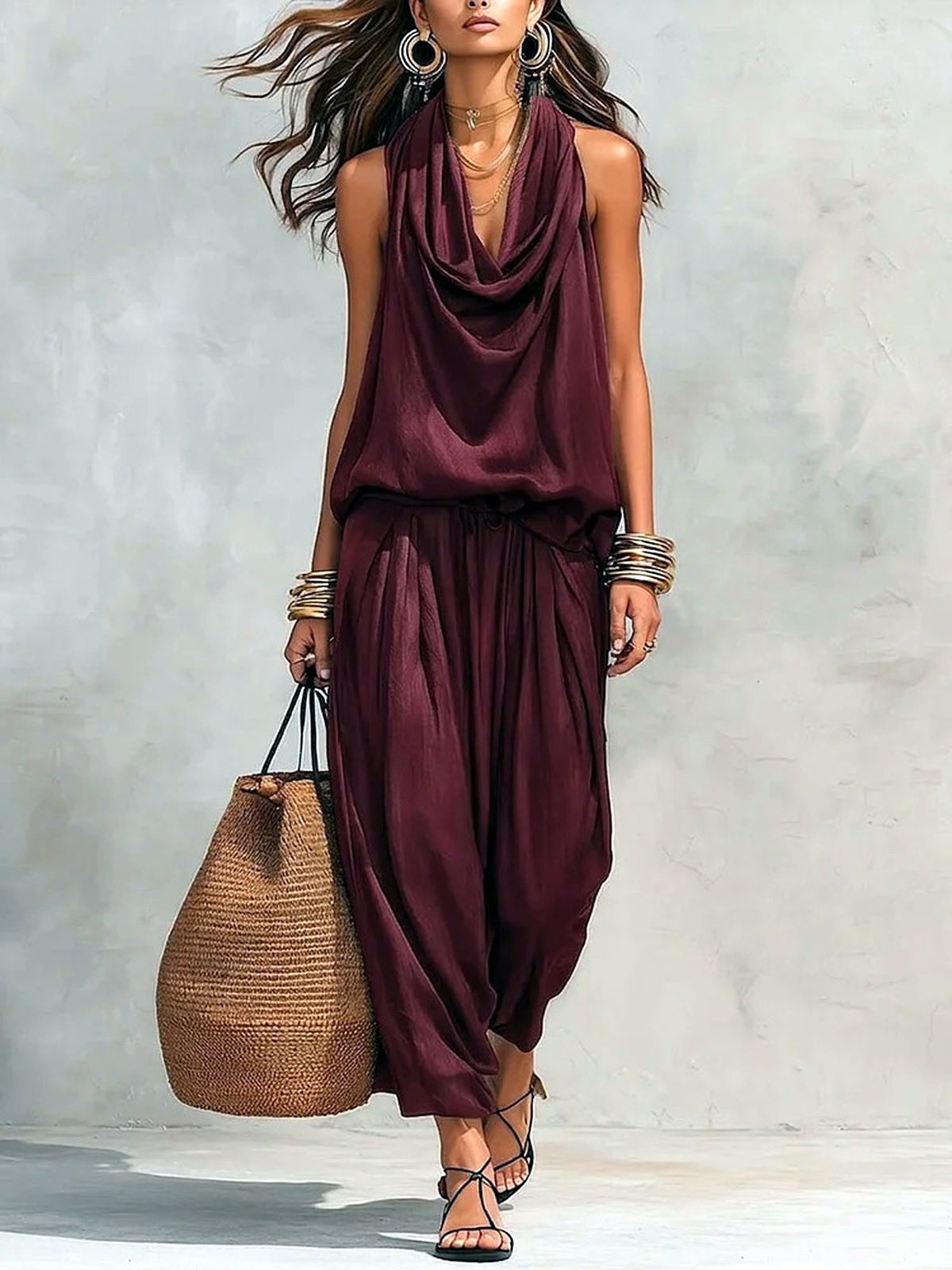 Women's Pleated Neck Two Piece Set, Sleeveless Top and Relaxed Pants Outfit