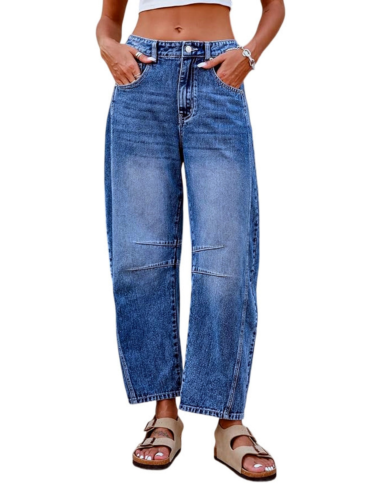 Women's Loose Straight Jeans, Casual Denim Pants with Blue and Leopard Print Options