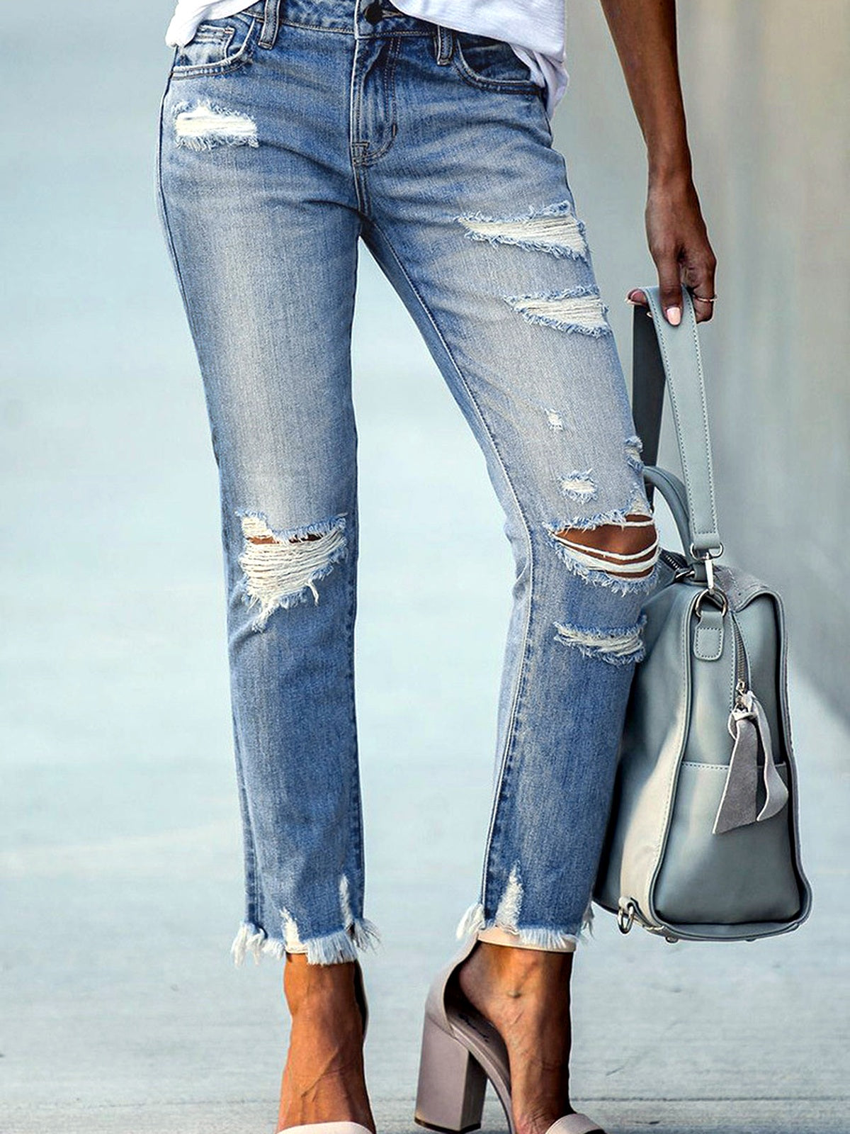 Women's Ripped Cropped Straight Jeans, Washed Distressed Denim Pants with Raw Hem Casual Fit