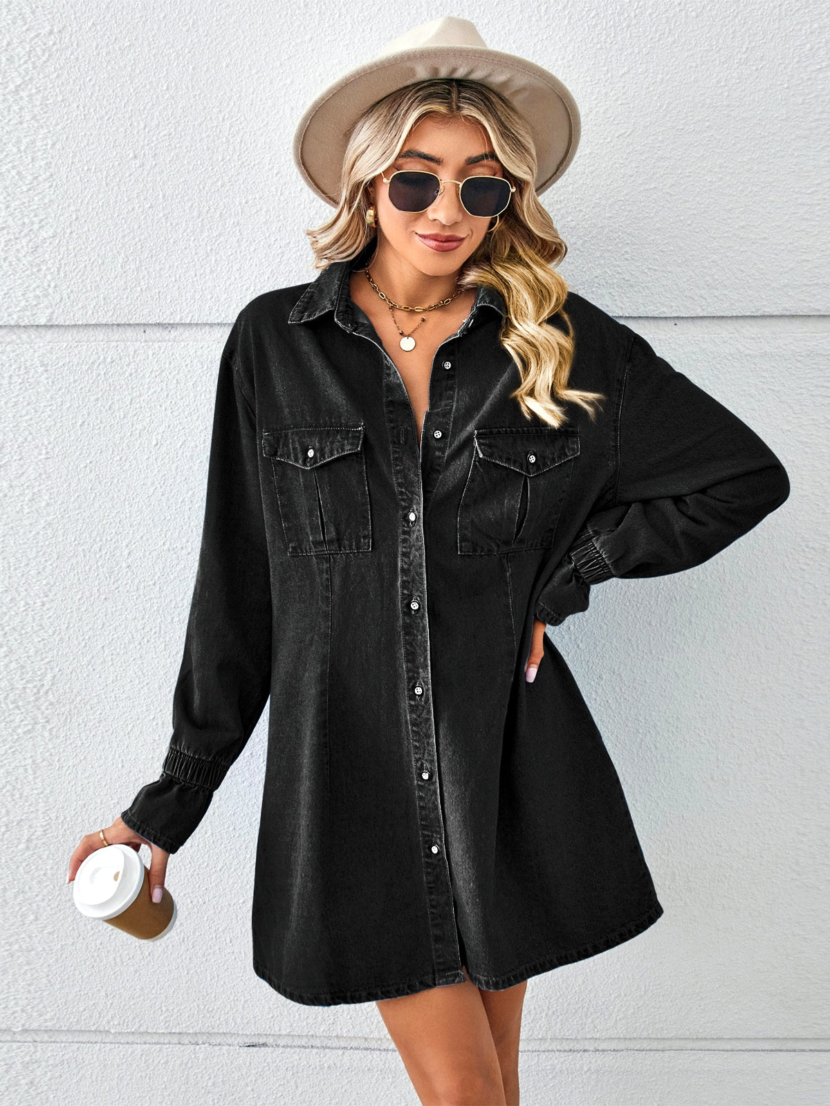 Women's Washed Denim Shirt Dress, Long Sleeve Loose Button Front Jean Tunic Dress with Pockets
