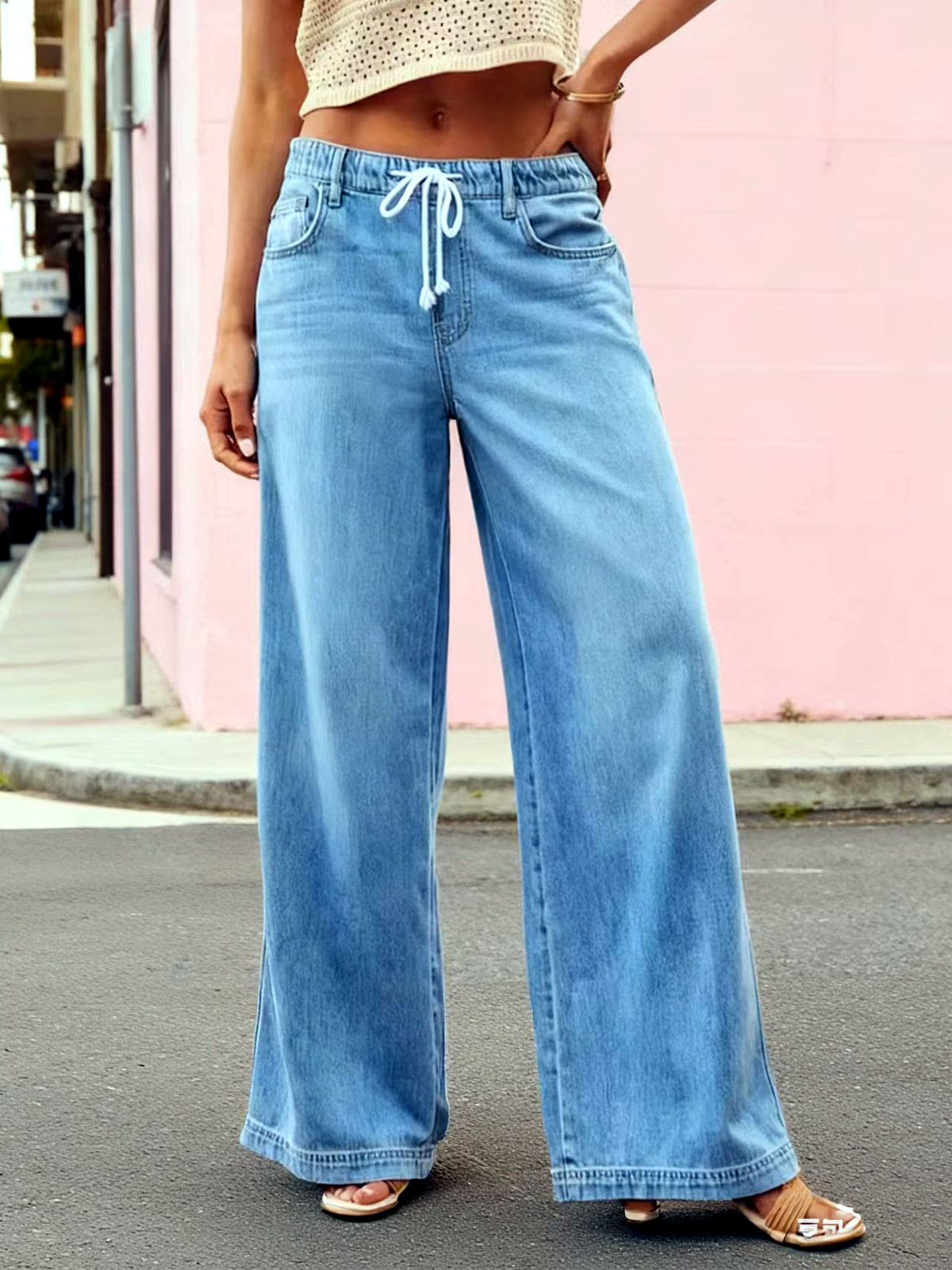 Women's Denim Relaxed-Fit Wide-Leg Straight-Leg Flared Belted Jeans - product detail view 4