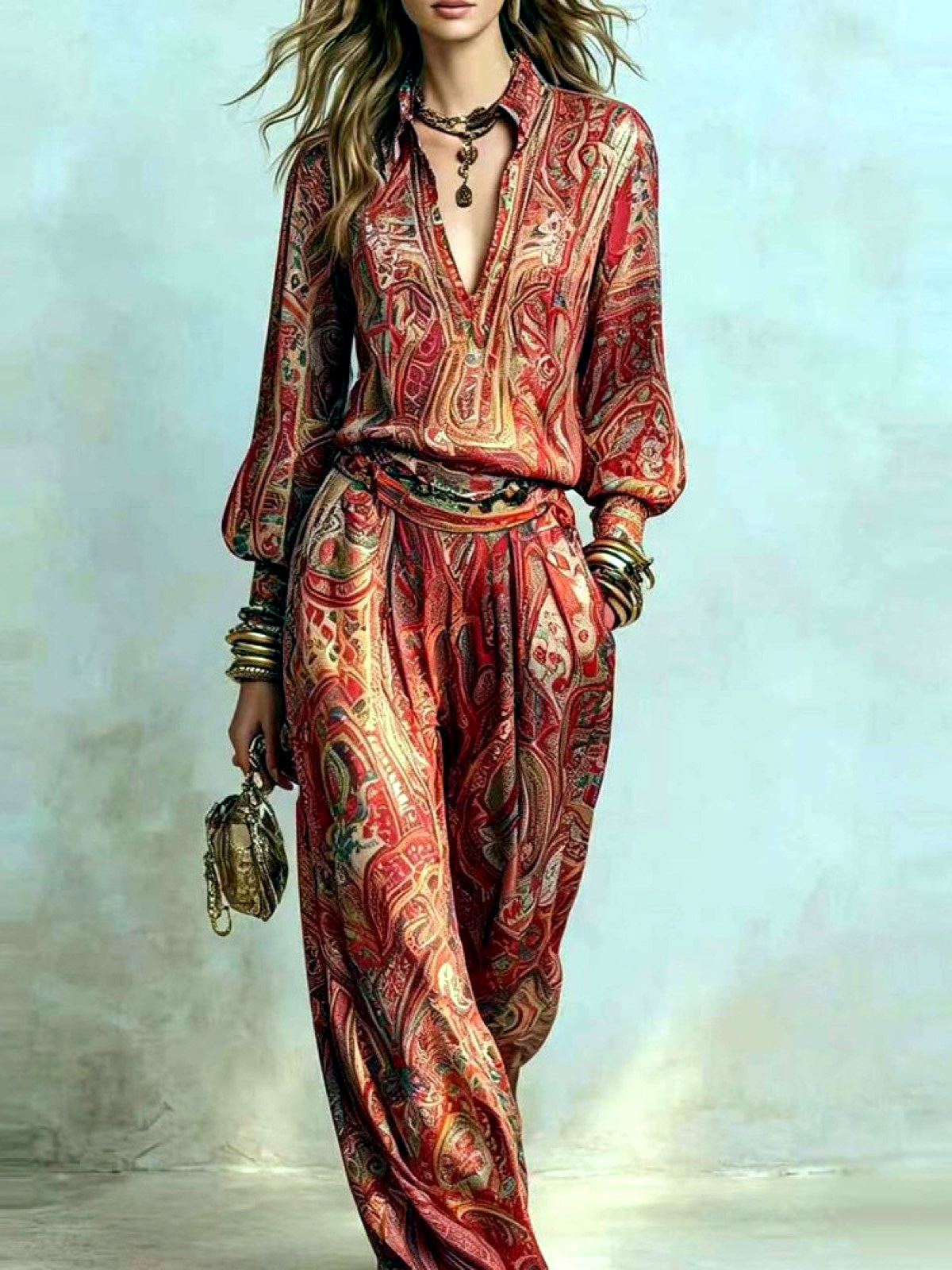 Women's V-Neck Long-Sleeve Wide-Leg Top & Pants Set - product detail view 4
