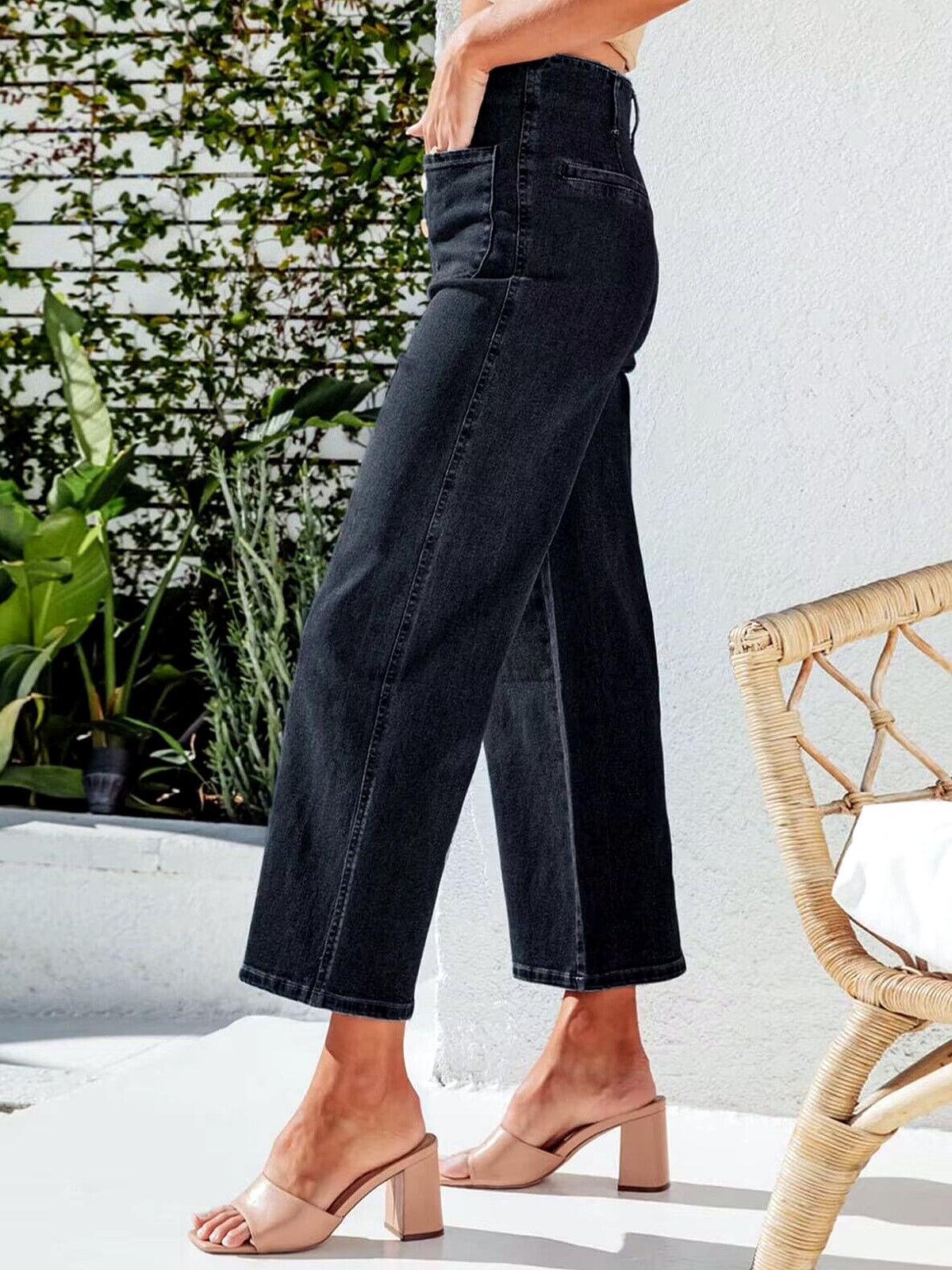 Women's Denim High-Waist Wide-Leg Vintage-Inspired Straight-Leg Button-Front Pocket Relaxed-Fit Jeans - product detail view 3