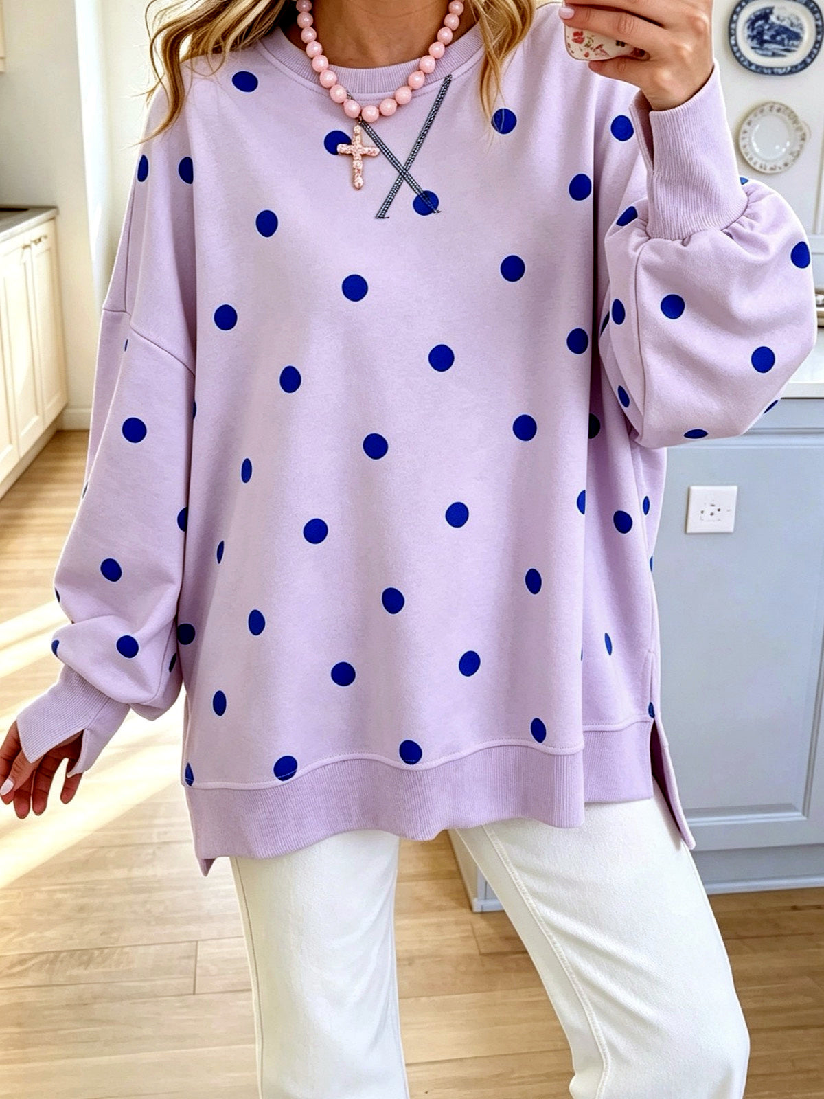 Women's Colorblock Printed Pullover Relaxed-Fit Long-Sleeve Top in Purple - product view