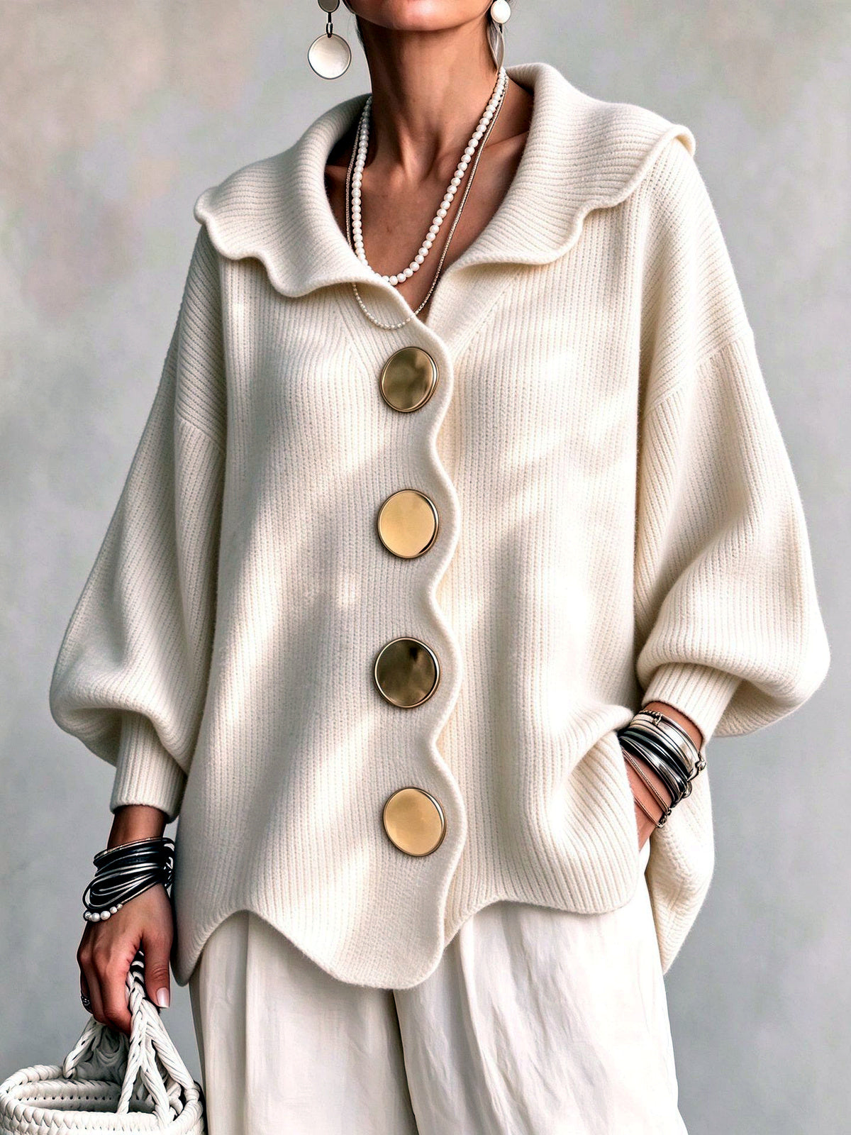 Women's V-Neck Long-Sleeve Top in Beige - product view