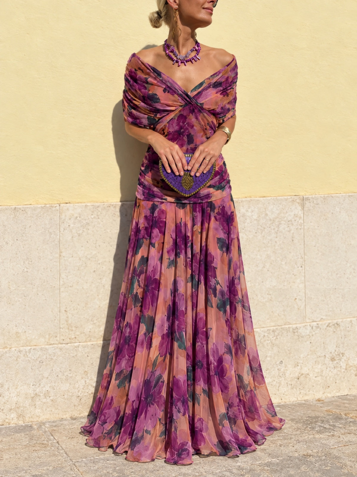 Women's Printed Solid-Color V-Neck Off-Shoulder Pullover Stretch Dress