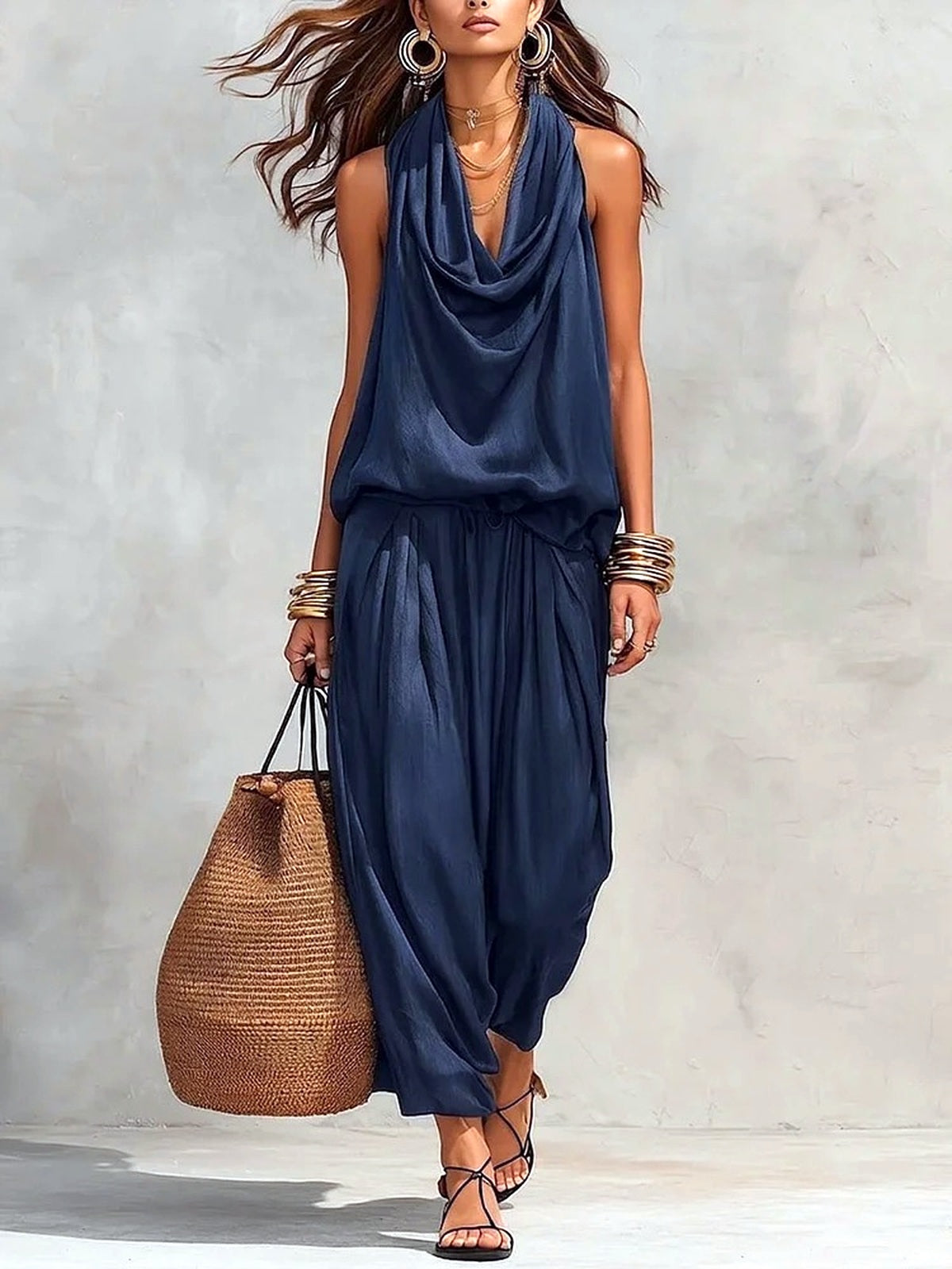 Women's Pleated Neck Two Piece Set, Sleeveless Top and Relaxed Pants Outfit