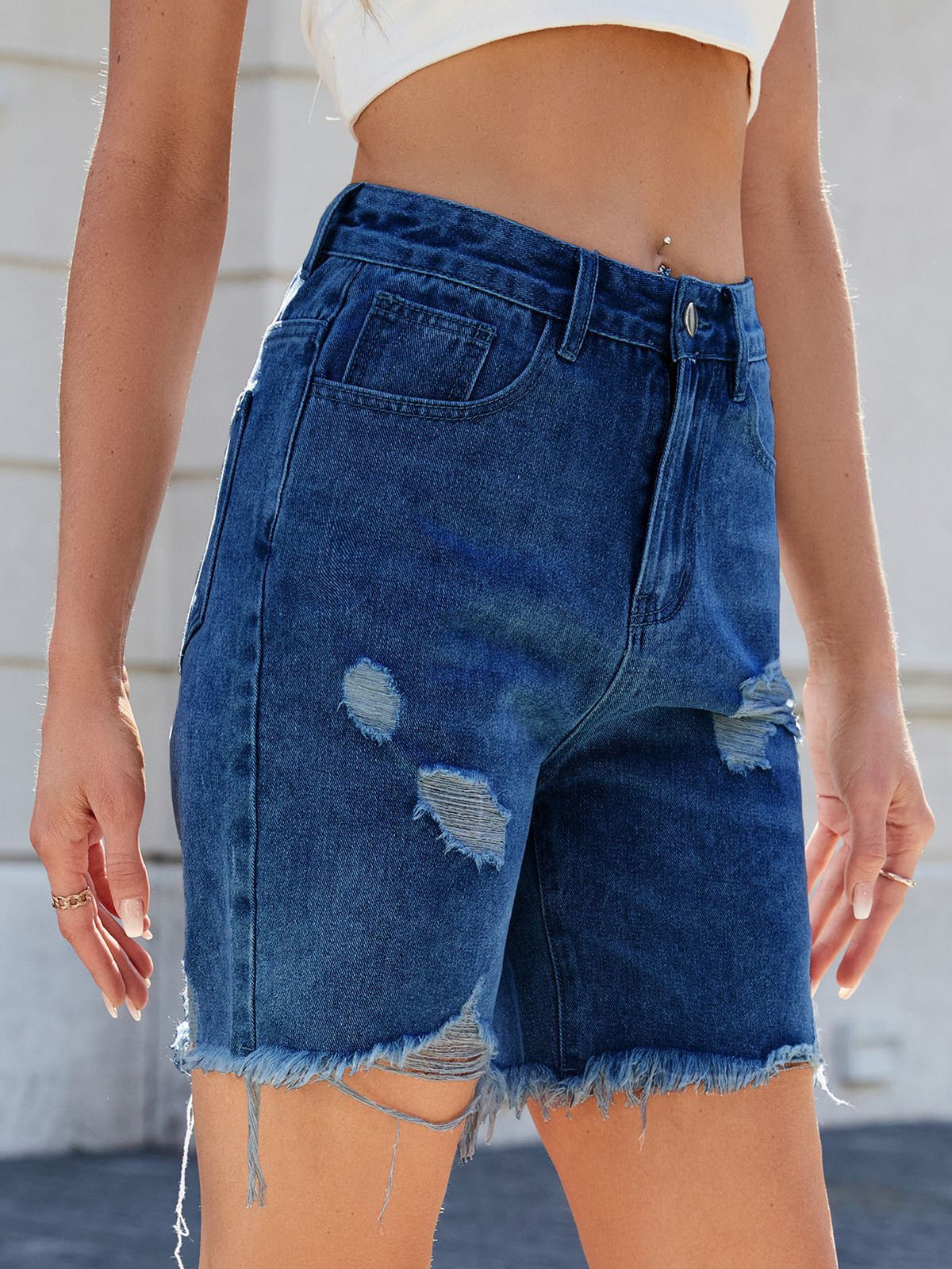 Women’s Distressed Denim Bermuda Shorts Ripped Raw Hem Streetwear Knee Length Jean Shorts