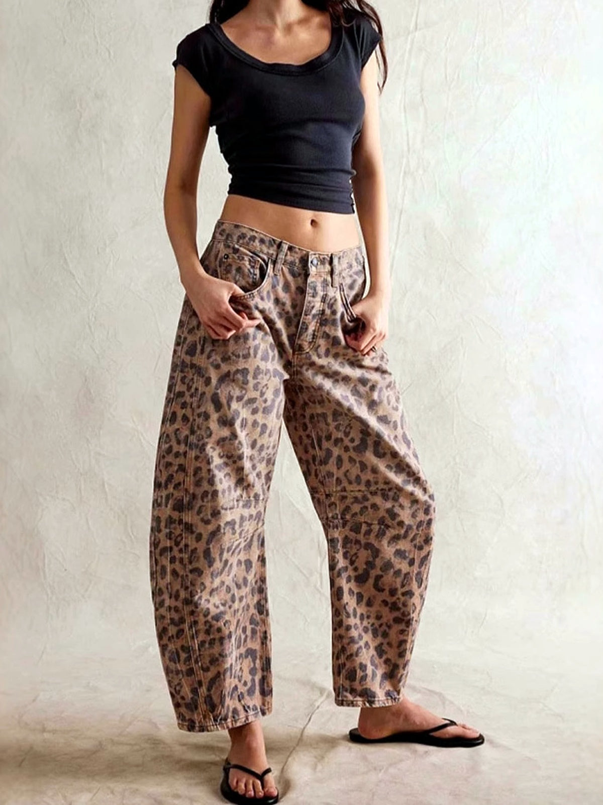 Women's Loose Straight Jeans, Casual Denim Pants with Blue and Leopard Print Options
