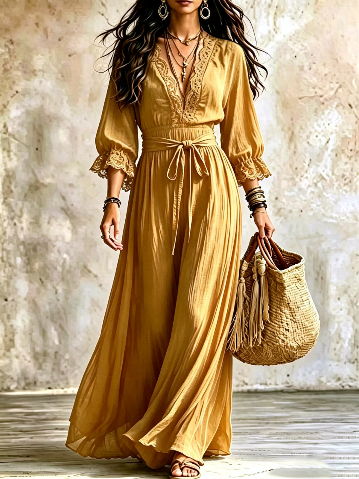 Women's V-Neck Lace-Trim Belted Flared Apparel in Yellow - product view