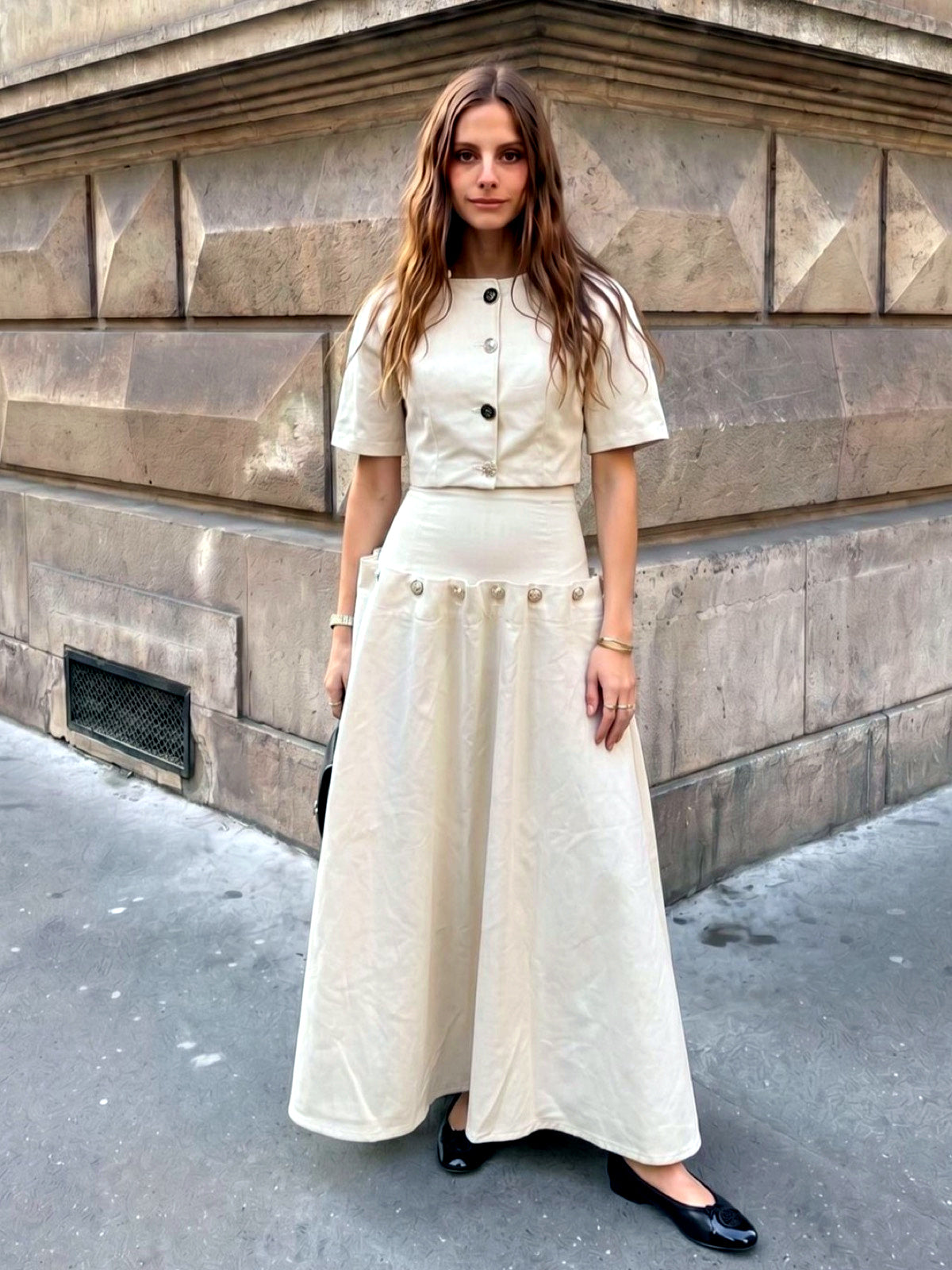 Women's Metal-Button Tie-Front Denim Top & Maxi Skirt Set - product detail view 6