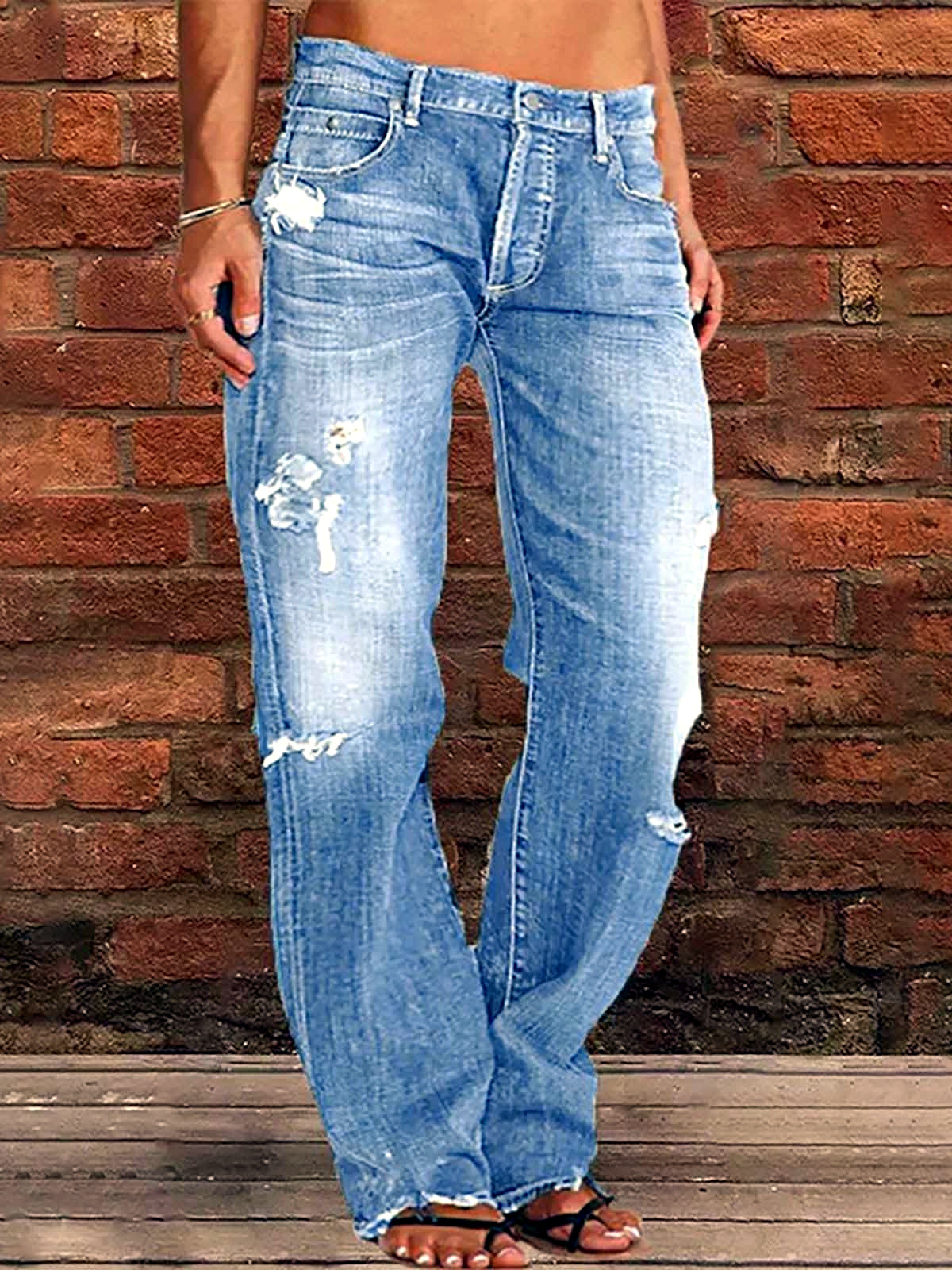 Women's Denim Mid-Rise Straight-Leg Distressed Jeans - product detail view 4