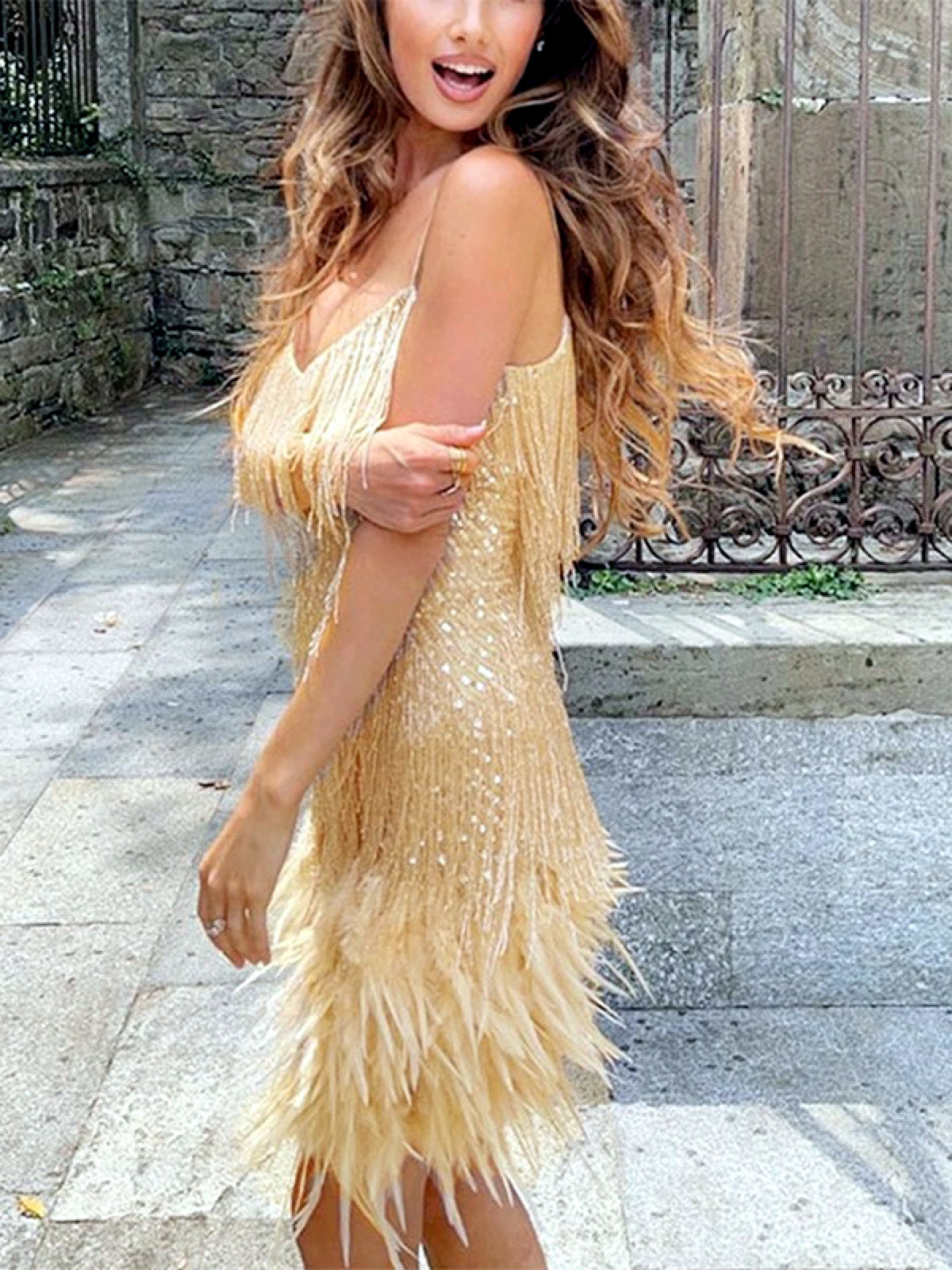 Women's Solid-Color Fringe-Trim Patchwork Relaxed-Fit Sleeveless Dress in Gold - product view