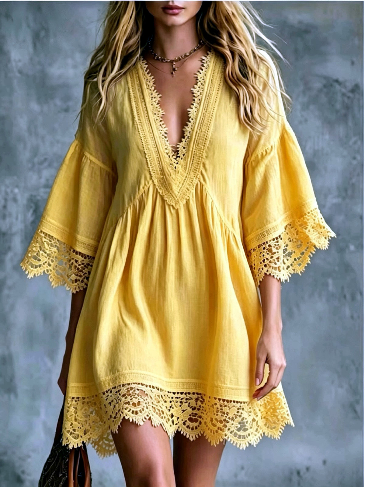 Women's Lace-Trim Patchwork Longline Mid-Length Dress in Yellow - product view