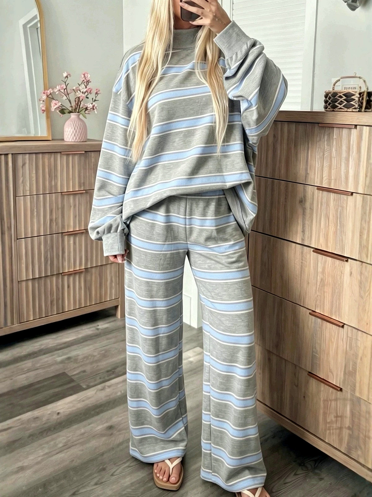 Women's Striped Printed Two-Piece Set in Gray - product view