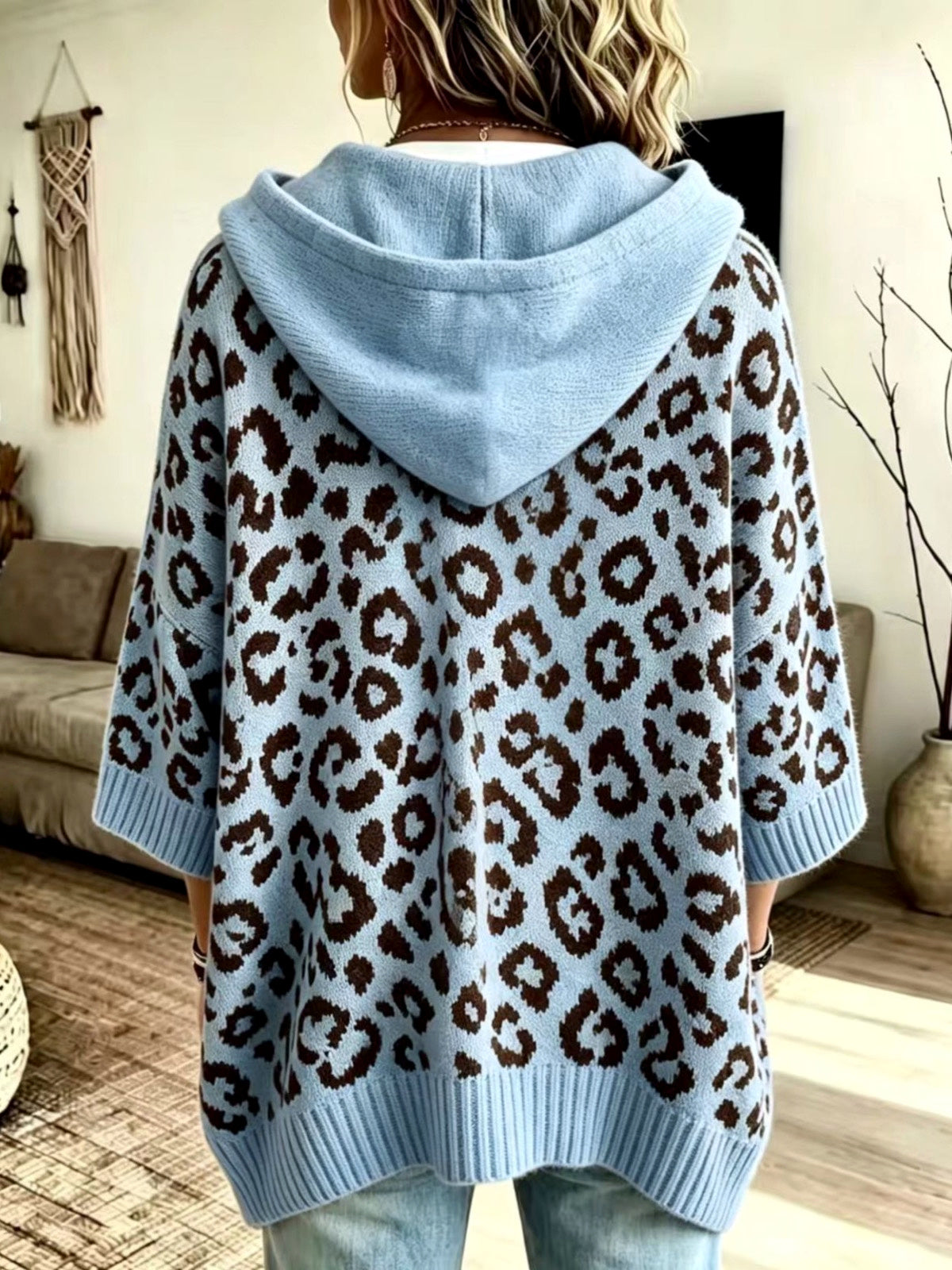Knit Leopard-Print Hooded Drawstring Pullover Relaxed-Fit Sweater - product detail view 2