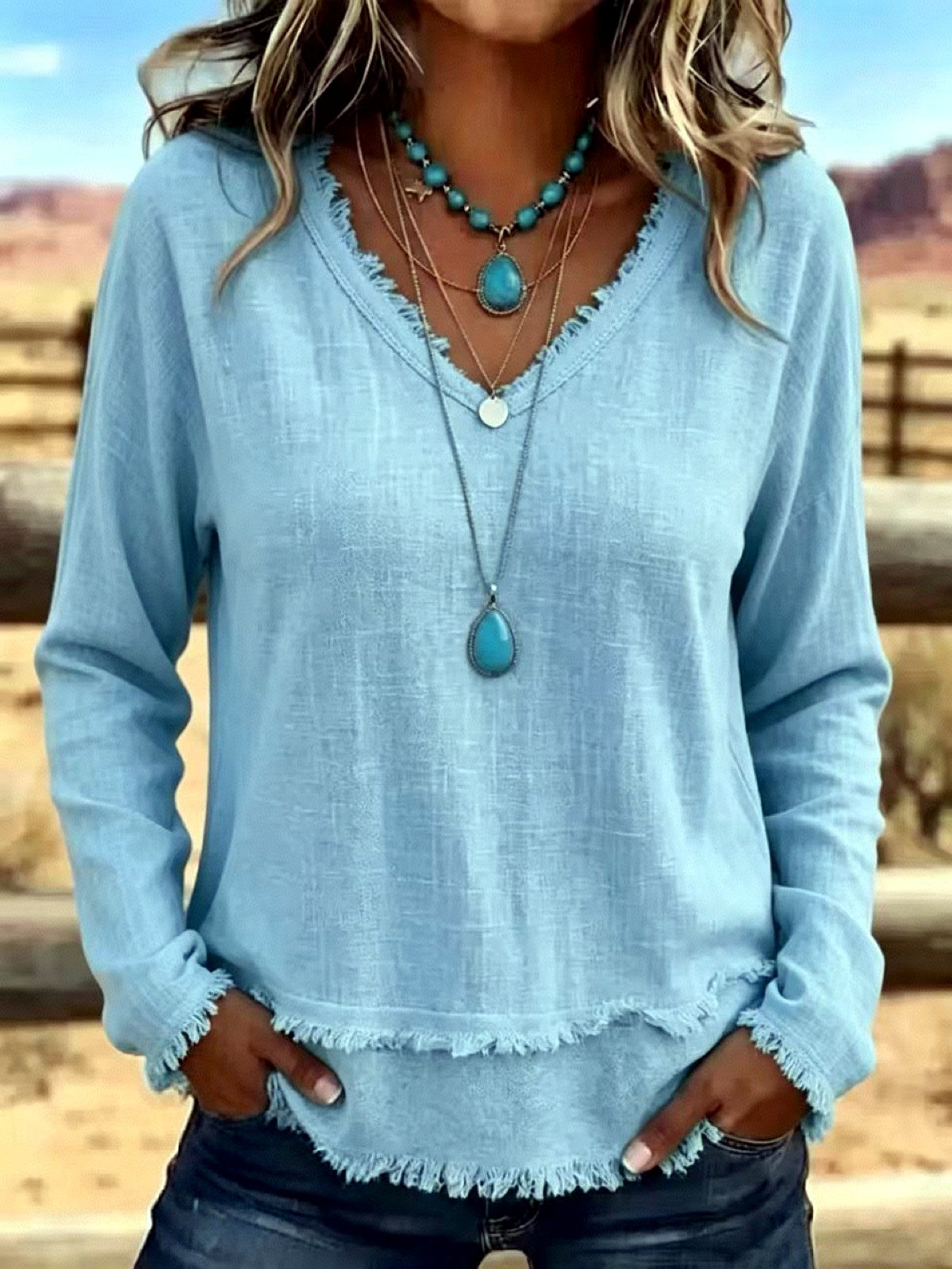 Women's Solid-Color V-Neck Relaxed-Fit Long-Sleeve T-Shirt in Light Blue - product view